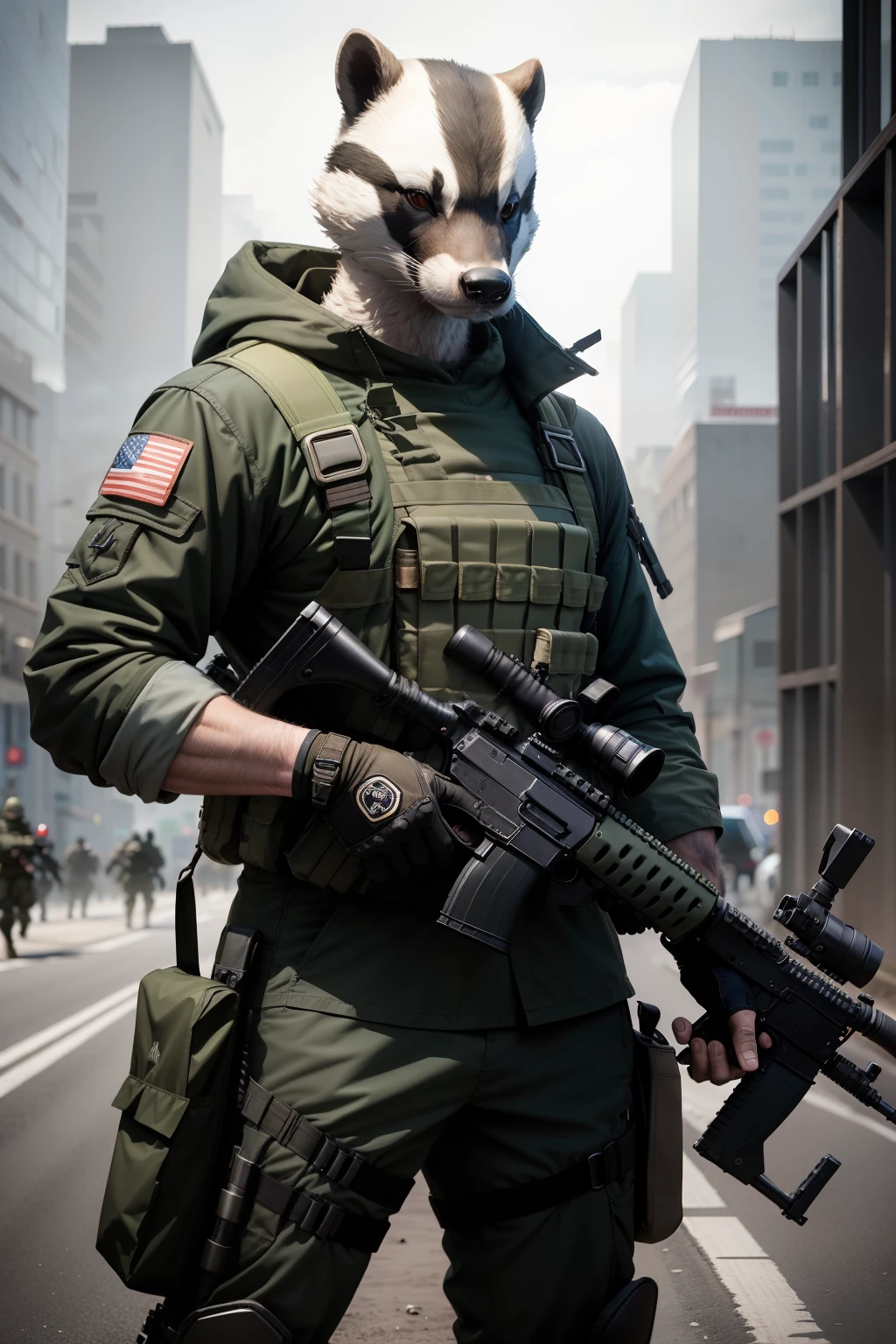 The badger stands upright, holding a melon in his left hand and an M4 assault rifle in his right hand, wearing a third-level head and confronting people