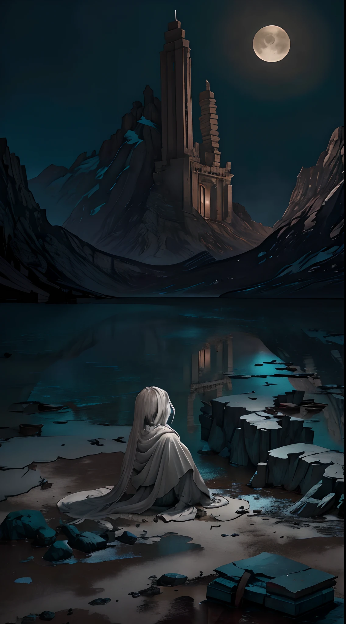 (Best quality, Masterpiece),the night，Dull moonlight，1 Outdoor girls，Solitude，Desolation，Inside an abandoned temple, Realistic background,