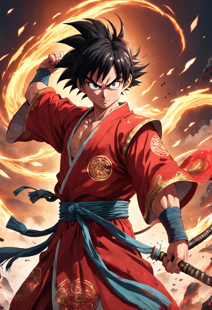 Goku as Chinese warrior in red battle robes, Estilo Dynasty Warrior, estilo anime CGI elaboradamente ornamentado, Luffy, 8k fantasia de efeito digital altamente detalhado, CGSetalidade 9, epic digital art illustration, e estilo Mumford e Alex Gray, bioluminente