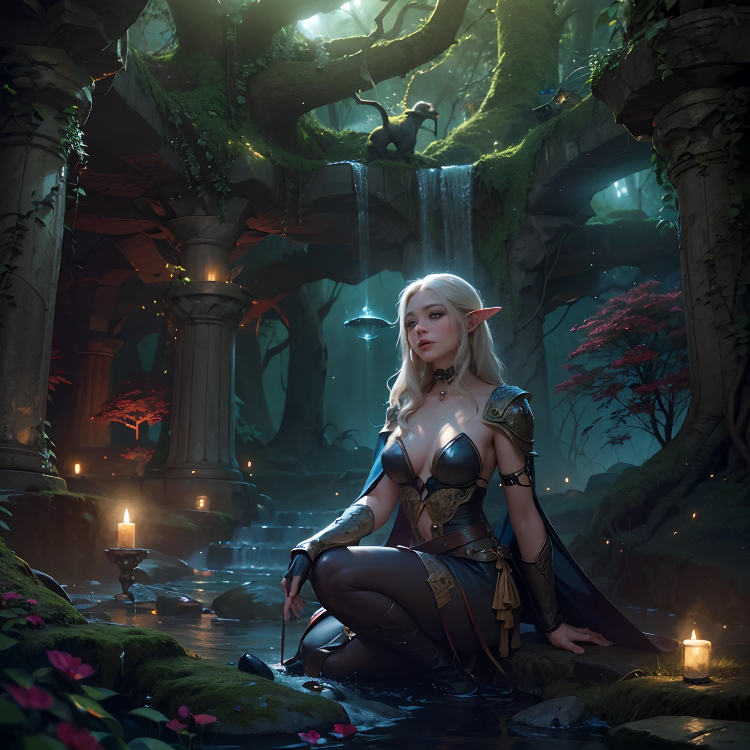 High Details, Best Quality, 8K, [Ultra Detailed], Masterpiece, Best Quality, (Extremely detailed), ultra wide angle shot, Photorealistic, Fantasy art, DND ART, Role-playing arts, realistic art, Ultra-wide-angle image of an elven woman (intense detail, Masterpiece, best details: 1.5) In the underground grove of druids, The spell is cast, Red Magic Light (intense detail, Masterpiece, best details: 1.5), Wearing leather armor (intense detail, Masterpiece, best details: 1.5), wearing cloak (intense detail, Masterpiece, best details: 1.5), wearing boots, high heels boots,  Sacred symbol, Blue light from the symbol, Dynamic hair, intense eyes, Dynamic eyes, D&female elf (intense detail, Masterpiece, best details: 1.5), black hair, Long hair, Fantasy [underground] (intense detail, Masterpiece, best details: 1.5), Druidic Grove, Waterfall Details, Rich fantasy details of underground life (intense detail, Masterpiece, best details: 1.5) ,Stone pillars (intense detail, Masterpiece, best details: 1.5),  animals, Water sources, soft light, Phosphorous world. dynamic light (intense detail, Masterpiece, best details: 1.5), Mushrooms in the background, Celestial background, ((The atmosphere of worship)), High Details, Best Quality, hight resolution, ultra wide angle, Octane rendering