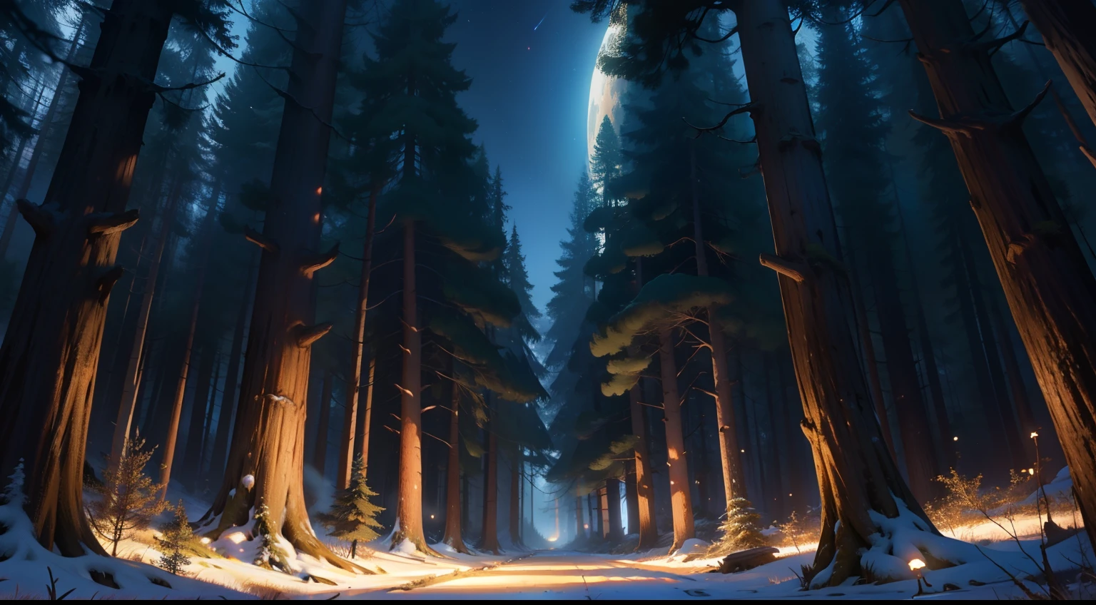 Bosque Encantado, com ceu estrelado noturno
