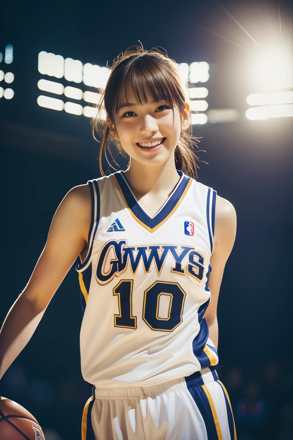 (Background during a basketball game),Asian woman in basketball uniform, wearing basketball jersey, (Photorealsitic:1.2),  (Anatomically correct), (Reflecting the whole body), (longshot),A smile,half-pants, closeup portrait shot, Refreshing young Japan woman, Cute gravure idol, full-body xianxia, nffsw, masutepiece, awardwinning, 8K, Best Quality, assist々Kiki, Kana Hashimoto, Mai Shiraishi, Nishino Nanase, Mayu Watanabe, Yuki Yoda, assist々xylophone, awardwinning, nffsw, masutepiece, Anatomically correct, At 8K,perfect-composition,Photographed by a professional photographer