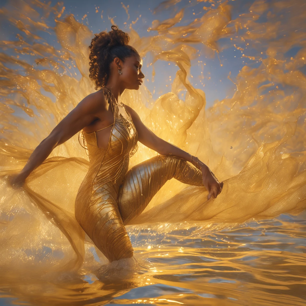 Fine arts oil painting, side angle, accent lighting, from below, hyperdetailed, hyper realistic, epic action full body portrait of stuning beautiful woman as matador in tight tights, wincore, stripcore, In the style of corrida, dynamic, intense and raw emotion, rich, cinematic color grading, stunning, photorealistic, 8k, shot on Canon EOS-1D X Mark III, photorealistic painting, by Mark Keathley, Shutterstock contest winner, iPhone,e video, photo taken of an epic intricate, Thom Wasserman, he photograph is taken using a Fujifilm GFX 100S medium format mirrorless camera, paired with the GF 32-64mm f/4 R LM WR lens set at a focal length of 45mm, capturing the captivating scene with exceptional detail and clarity. The camera settings are carefully chosen to emphasize the soft morning light and the subject: an aperture of f/5.6, ISO 200, and a shutter speed of 1/125 sec, the warm morning sun casts delicate shadows and dappled light, adding depth and enchantment to the scene. This composition celebrates the harmony between nature and the vibrant splendor of a peaceful, idyllic setting sun, dew, gold, powder yellow powder pastel background, cinematic 35mm in the style of James jean and Jean-Honore Fragonard