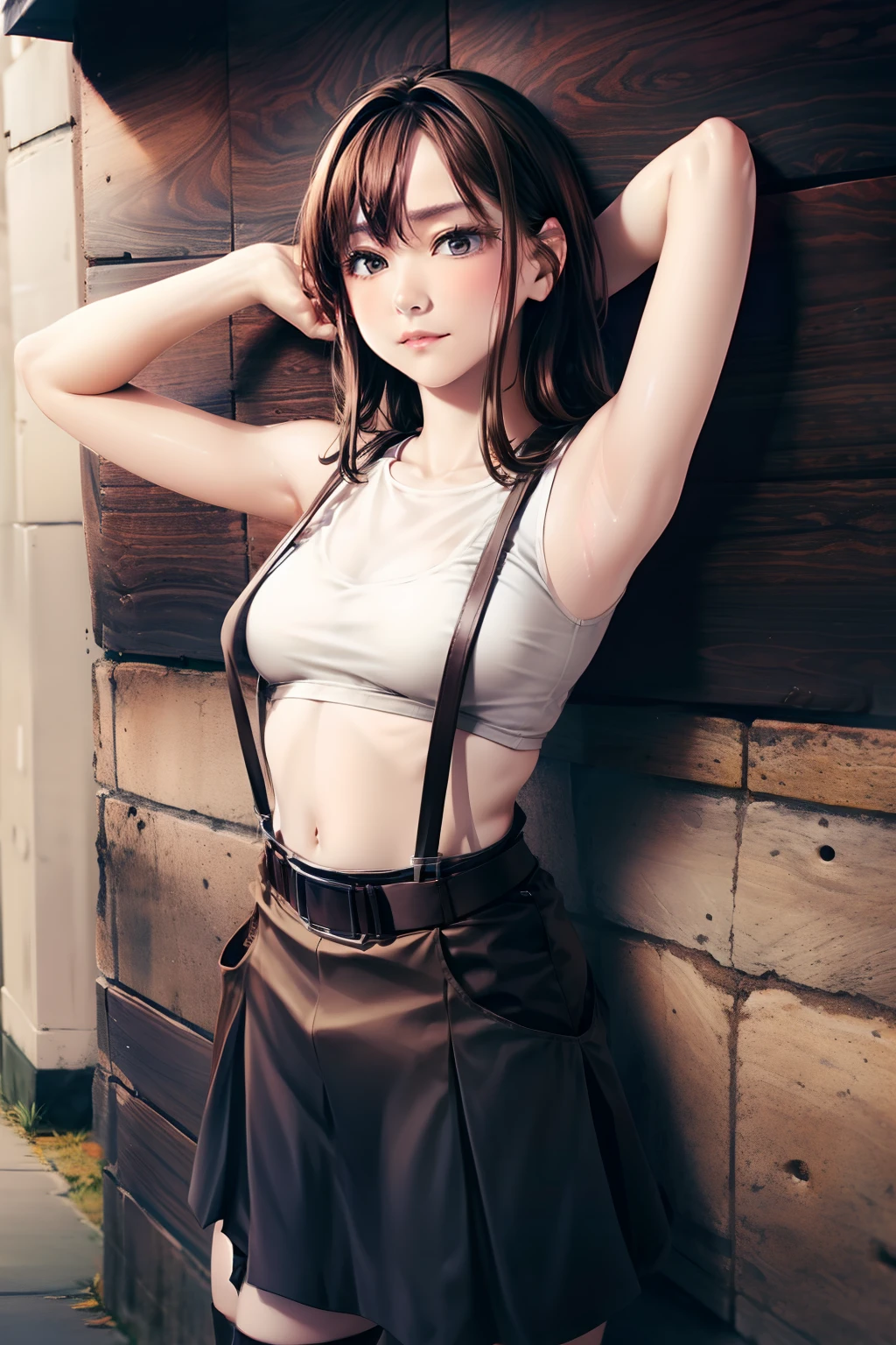 skirt by the, Tank Tops suspenders, Brown hair short, Gray eyes, Garter belt on the legs, Big and tight clothes, a belt Armpit sweat deadpan