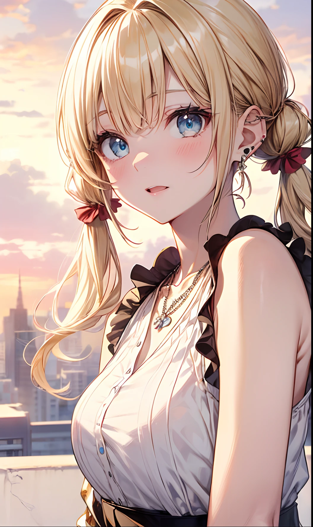 absurderes, ultra-detailliert,bright colour, extremely beautiful detailed anime face and eyes, view straight on, ;D, shiny_skin,25 years old, Short hair, , asymmetrical bangs, (Blonde hair with short twin tails:1.4),(Accept yourself:1.5),(Wearing a change of clothes:1.7)Shiny hair, Delicate beautiful face,(Surprised:1.4) ,red blush、Blue eyes, White skin, hair clips, earrings, a necklace,(Brown Sleeveless:1.2), Beautiful cloud, Dusk sky,