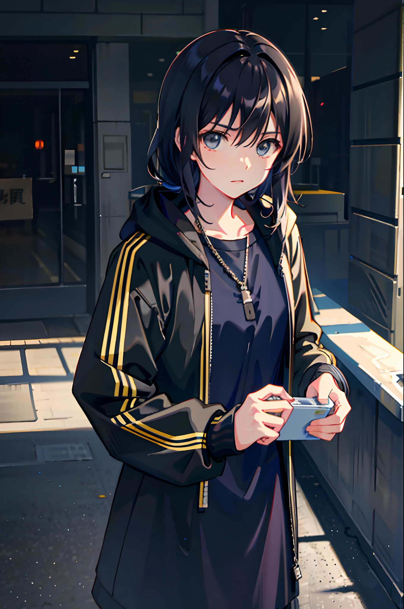 1girll,jaket,Sateen,the night,exteriors,hoody,Open jacket,chain,backpacks,Look at the other person,messy hair,Trends on ArtStation,8K分辨率,The is very detailed,anatomically correcte,Sharp images,digitial painting,concept-art,Trends on pixiv,Estilo de Makoto Shinkai,Complex street scene,Lovely face