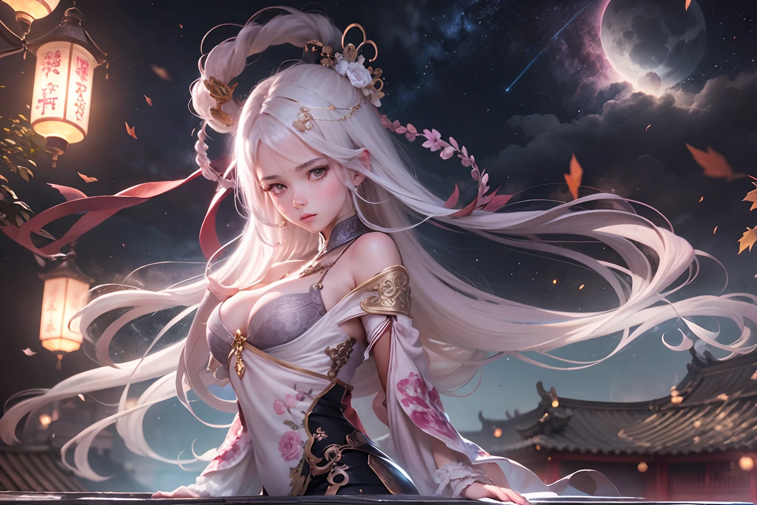 1girll,Long hair spread out,Autumn wind,Hair is floating in the wind,the roof, sitting on rooftop,Overlooking the city,Chinese ancient style,exteriors,the night,deep in the night,Blue starry sky,Starry sky in ancient China,The roof of the Forbidden City,starry sky bright,The landscape,scenecy,horizon,the roof, sitting on rooftop, ventania, Hair flutters in the wind:1.5),view from long distance, Atmospheric lighting, Focus individually, closeup cleavage, seen from the side, depth of fields, Background bokeh,Best quality at best,tmasterpiece,16k,UHD resolution,Detailed depiction,anatomy correct, Delicate pattern,Pink rose space, Soft lighting, ( Bokeh),Epic composition, 16k,Epic romantic fantasy digital art,Epic fairy tale fantasy digital art,Mythological fantasy,UHD resolution,Detailed detail drawing,realisticlying,Very realistic,cinmatic lighting,an award winning photograph,hyper realistic lifelike texture,dramatic lighting