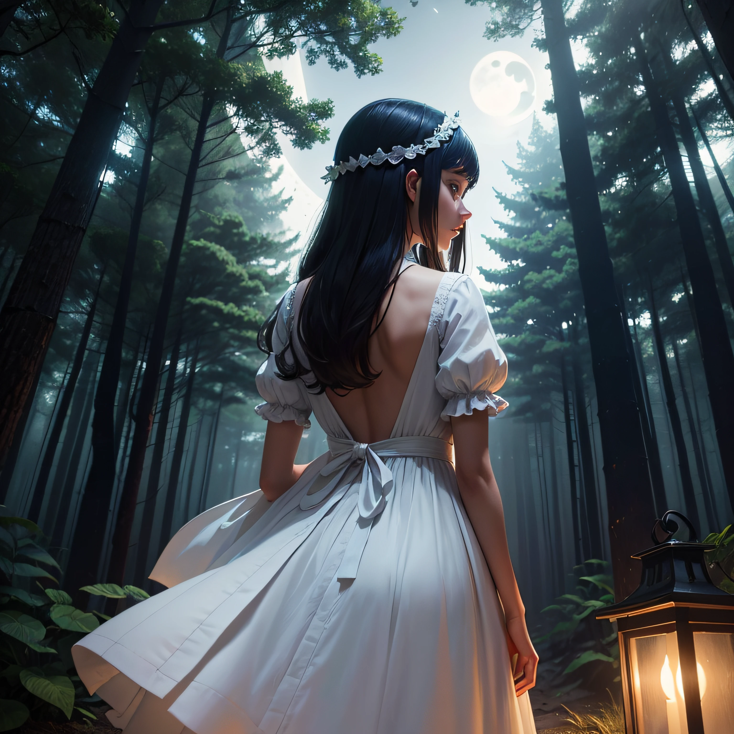 Under the moonlight,Woman in white,20yr old,Back Shadow,ln the forest,rios