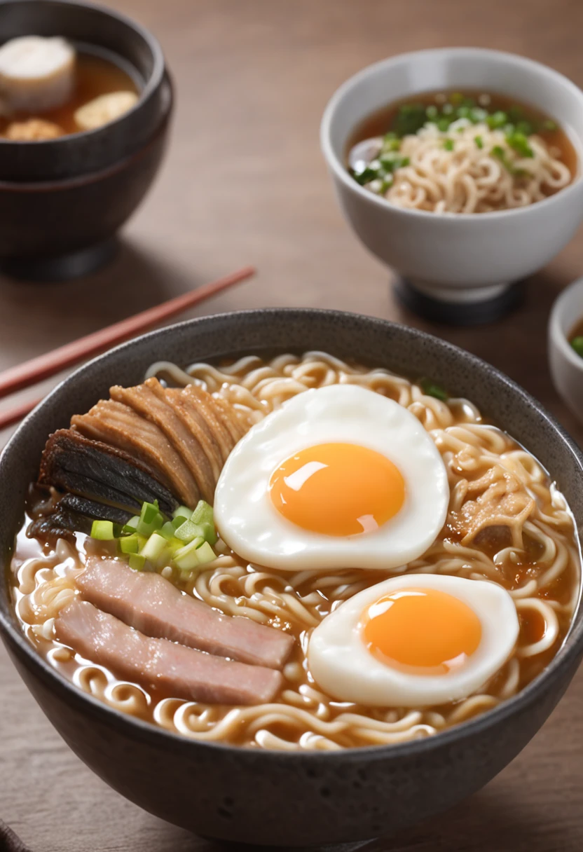 ultra detailed 8k cg, Japanese ramen, chopsticks, egg, steam
