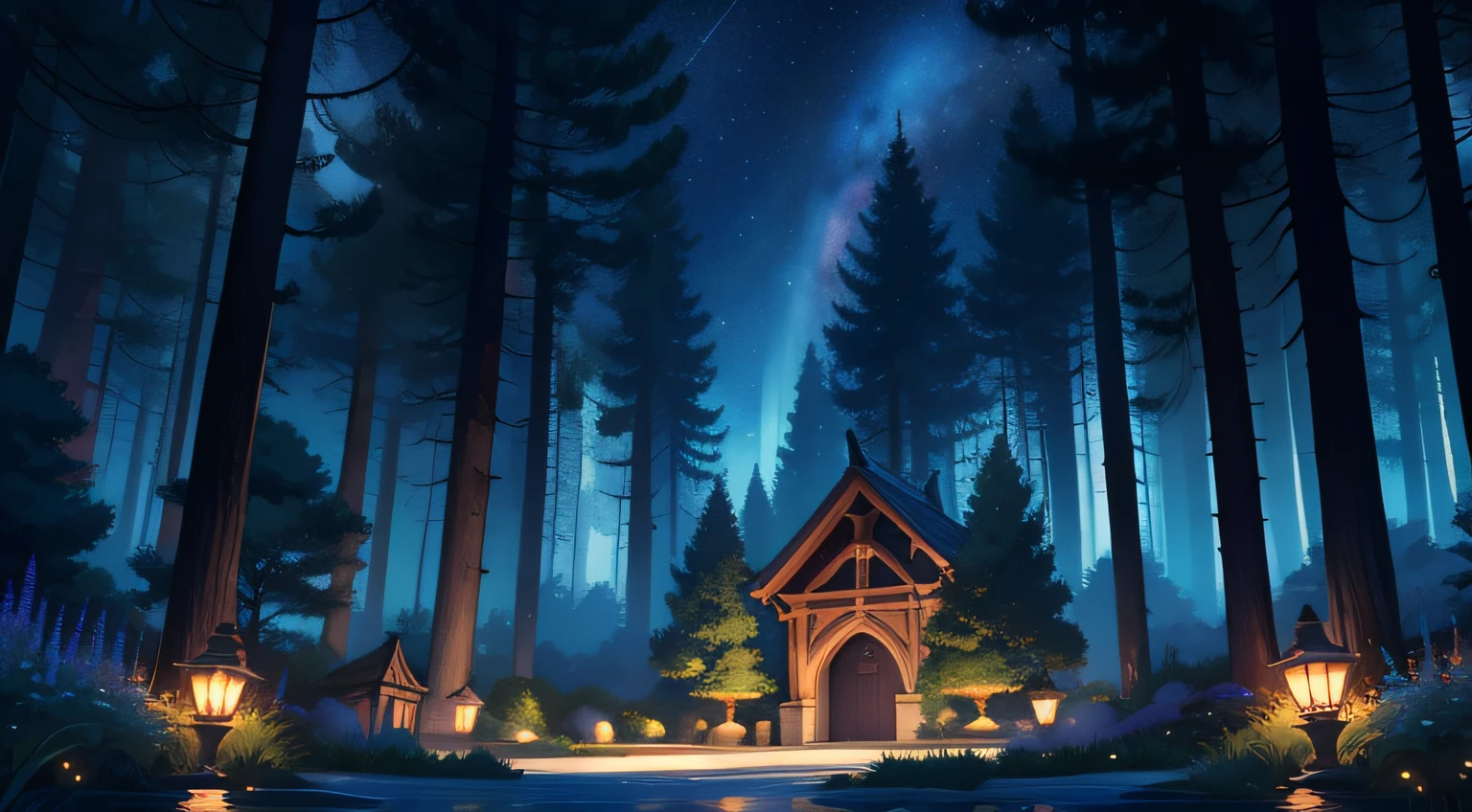 master part, charming illustration of a garden. in the nighttime, with a starry sky and towering trees. Add a touch of mystery and magic to the environment