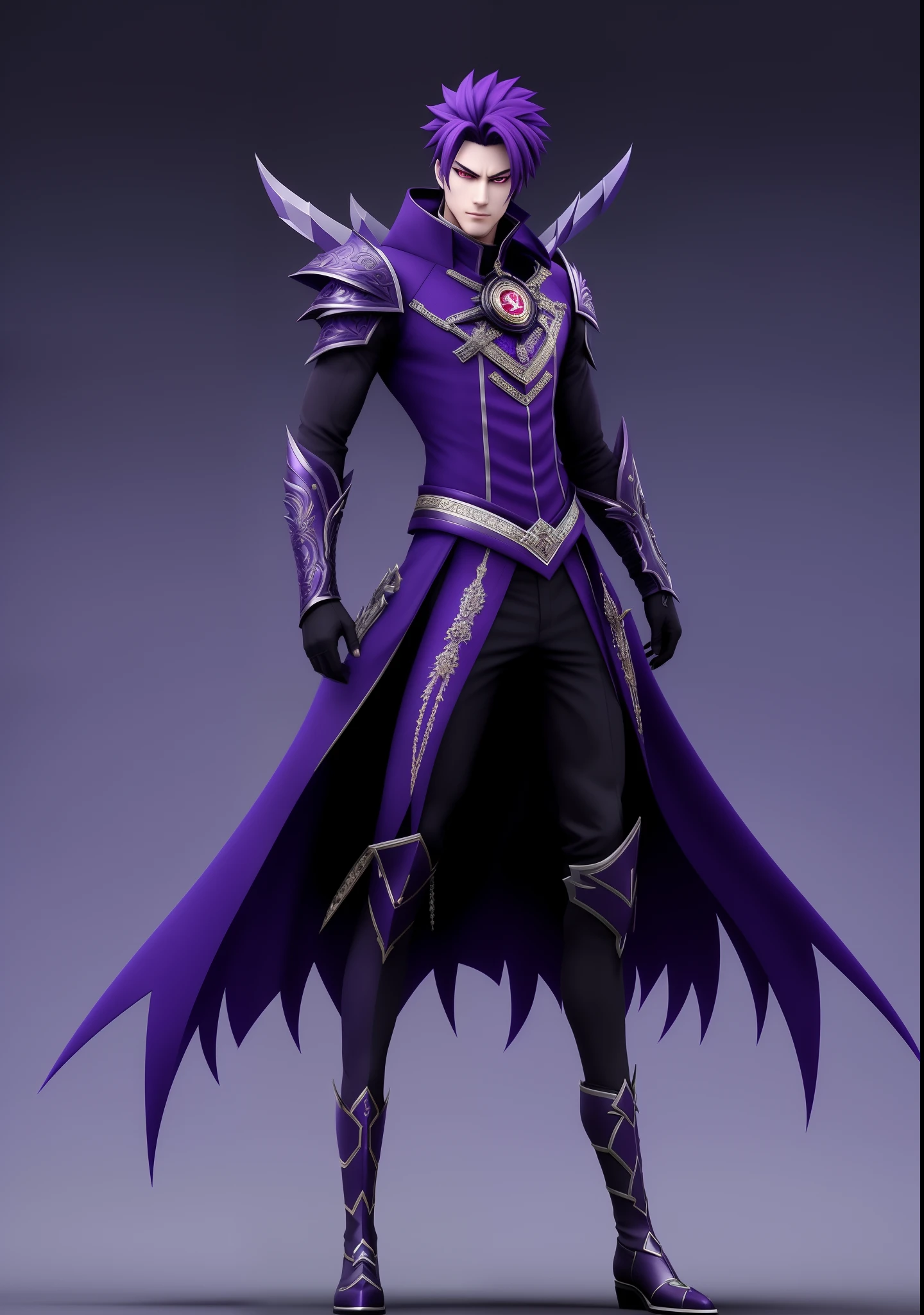 Full body male、3D,Like all demon princes, Dressed、I'm pretty tall. I have purple hair tied in a ponytail, and red eyes with sharp silver pupils,. I'm dressed fine, As befits the Prince of Hell, Although they are always black. My attitude is arrogant, proud, And better than others. I carry myself with confidence and unparalleled pride. When I speak, My words are sharp、My voice is powerful. I am the embodiment of pride and arrogance. Handsome men, yui, muscular (8K) (good quality) Dark purple hair. Red Eyes.