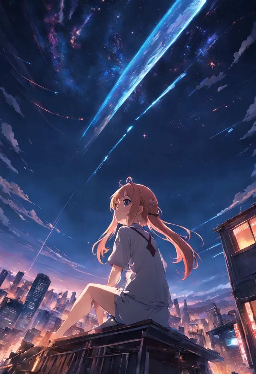 1 Outdoor girls, late, starrysky, in a panoramic view, scenecy, horizon, the roof, sitting on rooftop, ventania,(wide angles,Ultra HD details,Masterpiece, hyper HD, Super detail, High details, Best quality, A high resolution, Award-Awarded, 8K),(电影灯光)