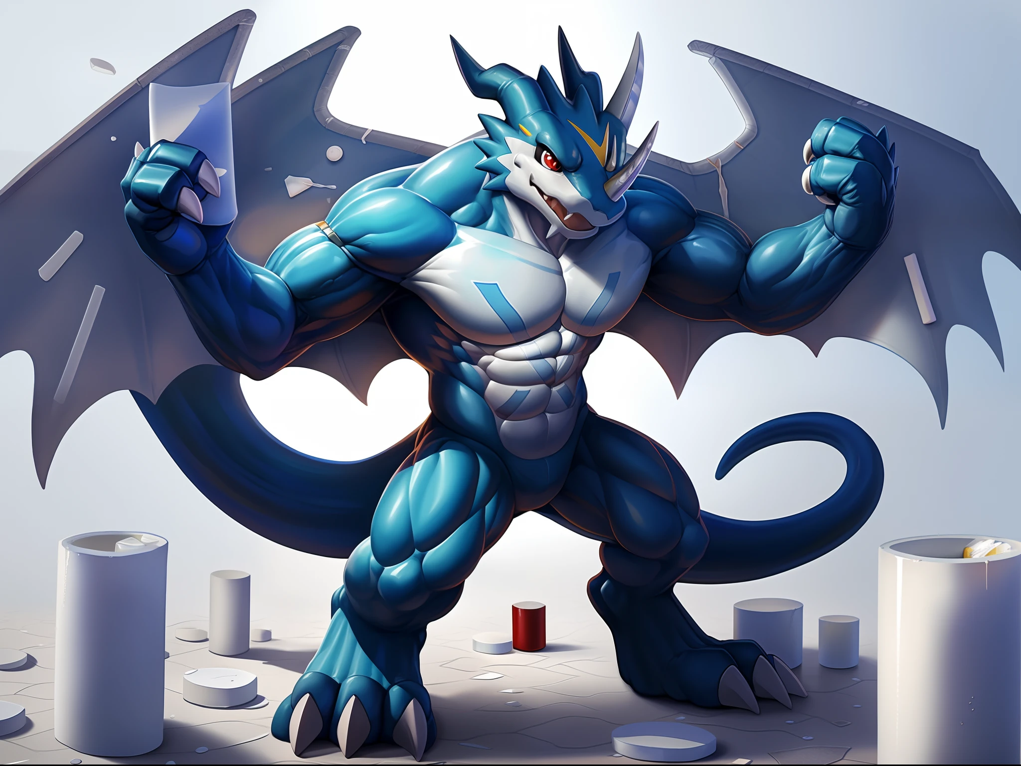 exveemon, ((lineart)), red eyes, anthro, scalie, featureless crotch, claws, blue skin, simple background, membranous wings, muscular, horns, tail, blue body, muscular solo, nintendo, membrane (anatomy), toe claws, pokemon (creature), pokemon, hi res, white claws, wings, pokemon (species), standing, closed mouth, solo,Muscular body, imposing body,Imposing appearance, muscular arms, muscular legs, only body, trapezoid torso, sturdy body, muscular body, defined round and fleshy pecs, defined washboard ABS, defined armsBREAK (half body photo:1.6),solo,On the right side,(8k, RAW photo, best quality, masterpiece), (realistic, photo-realistic), 8k wallpaper, masterpiece,Cinematic Lighting, best quality,dramatic angle,pwide shot,(from side:1.05)  no humans,huge mecha, science fiction,white background,no humans, white,fighting stance, (porcelain (materials):1.6), (metal(materials):1.4)