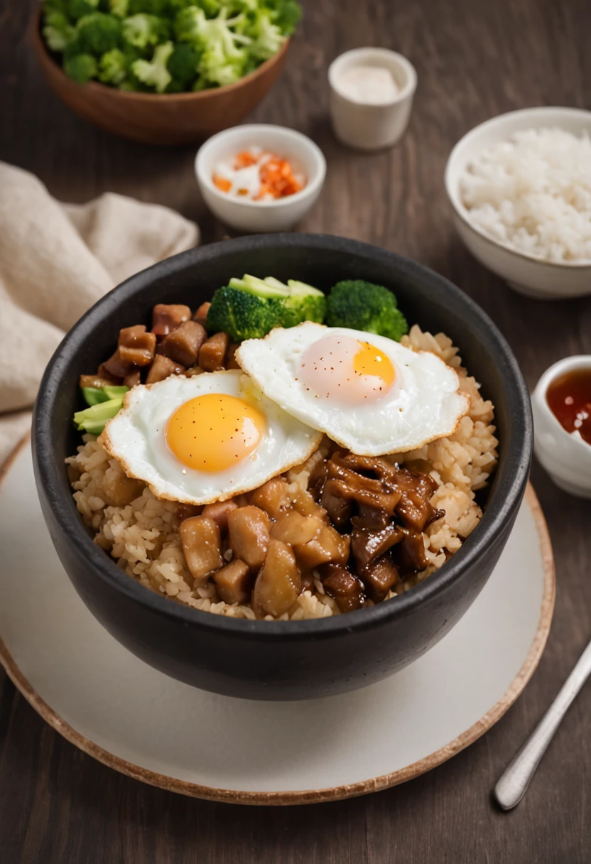 , hiquality, High Resolution, Rice bowl, Fried eggs, Pork stew, Diced radish, bean, rice, broccoli