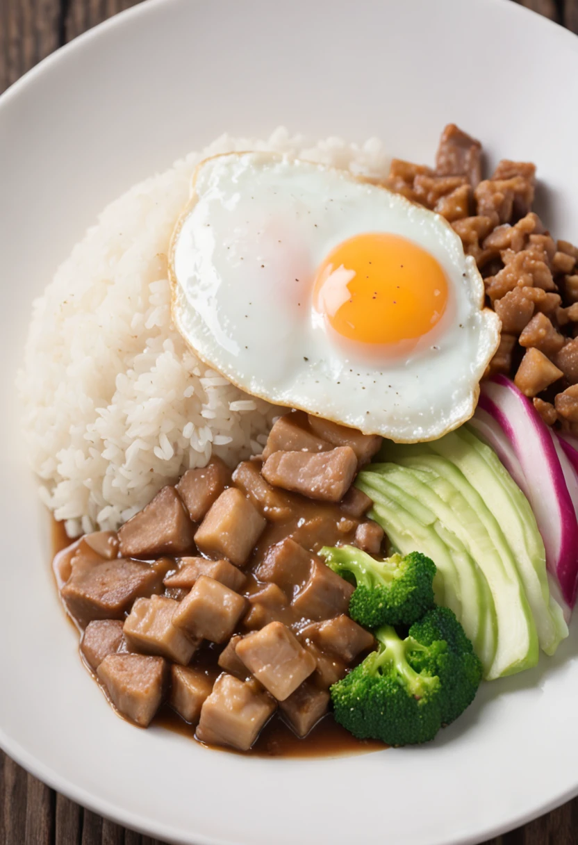 , hiquality, High Resolution, Rice bowl, Fried eggs, Pork stew, Diced radish, bean, rice, broccoli