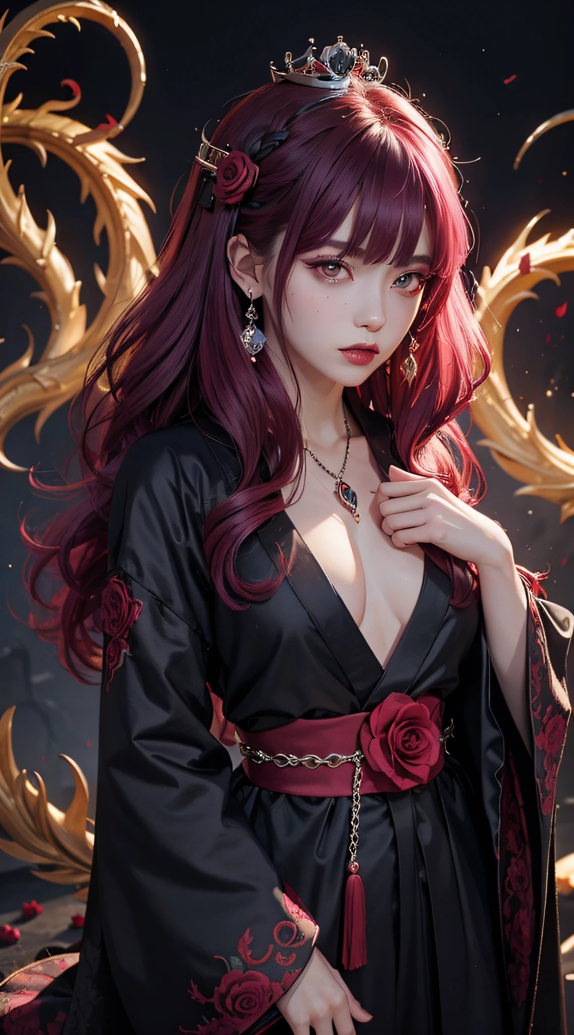 vampire queen, crown, 1girl, long hair, magenta hair, light hair, red eyes, black kimono, burn the clothes, solo, black dragons, curly hair, looking at viewer, wide sleeves, rose flower, earring, pendant, standing, menacing, holding, bangs, blood tears, blue fire, best quality, high quality, high resolution, 4K, ultra details, finely detail,