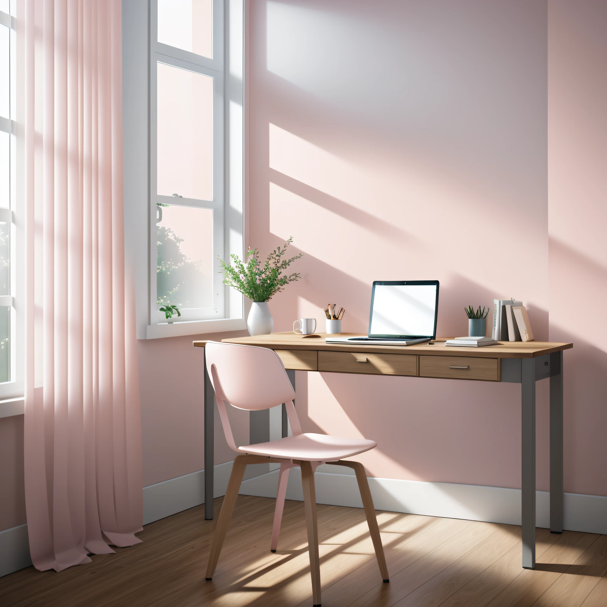 Room with brown wooden desk with a laptop, dark chair, desk next to the window, white window, white curtain, ((light pink color wall on the left)), frames on the left wall, realistic afternoon lighting, rendered in V-Ray, photorealistic cinematic render, detailed natural soft lighting, atmospheric render, archviz, natural realistic render, vibrant volumetric natural light, rendered in lumion pro