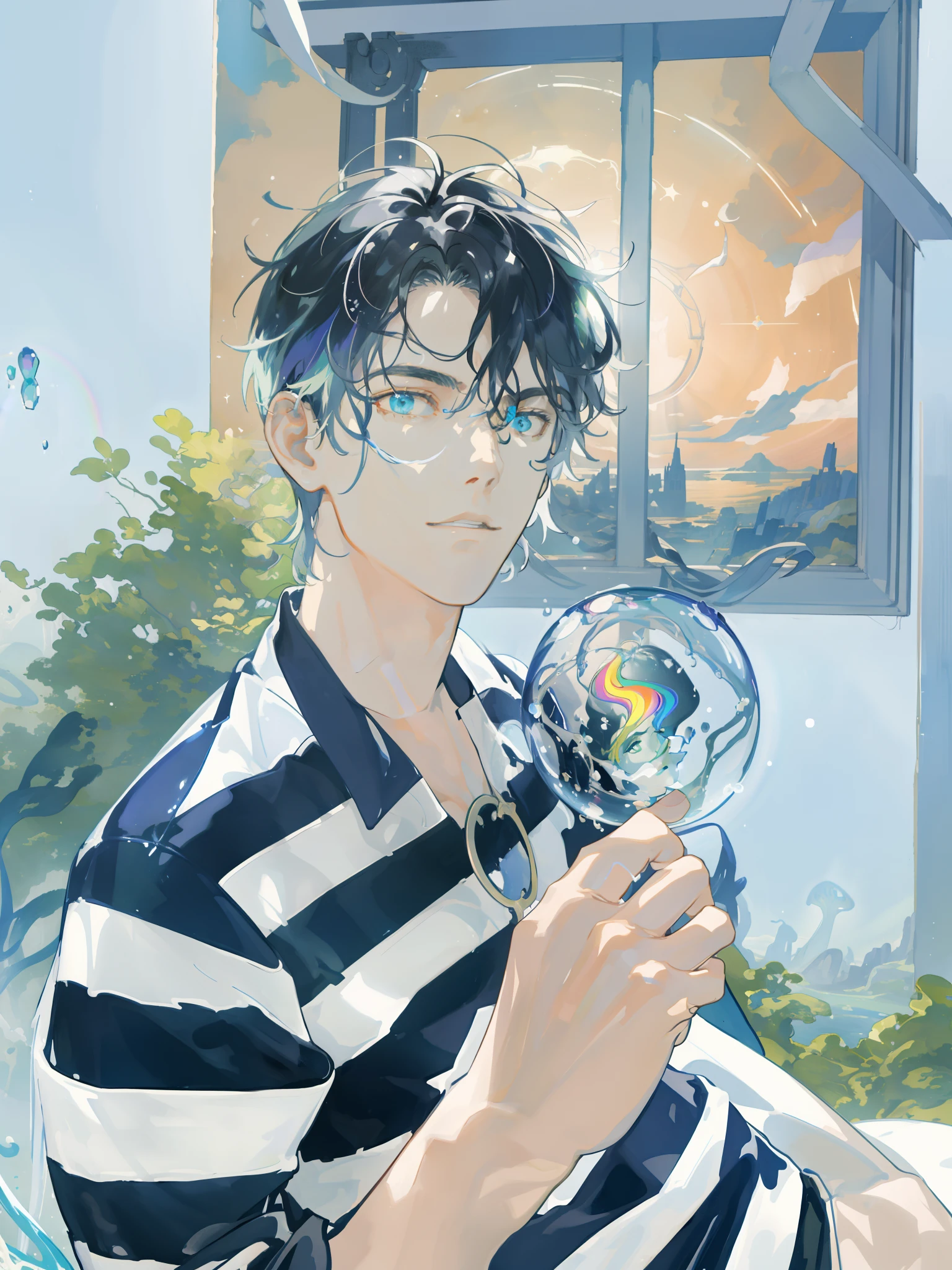 masterpiece, best quality, 1 male, adult, mature, tall muscular guy, Dark theme, Magic circle, bubble, rainbow Sunlight, Underwater, Reflected mirror, floating piece of Glass, Rainbow light, Bubble Swirling, wind Swirling, Aurora, fantasy scenery, Starlight around the character, (upper body)