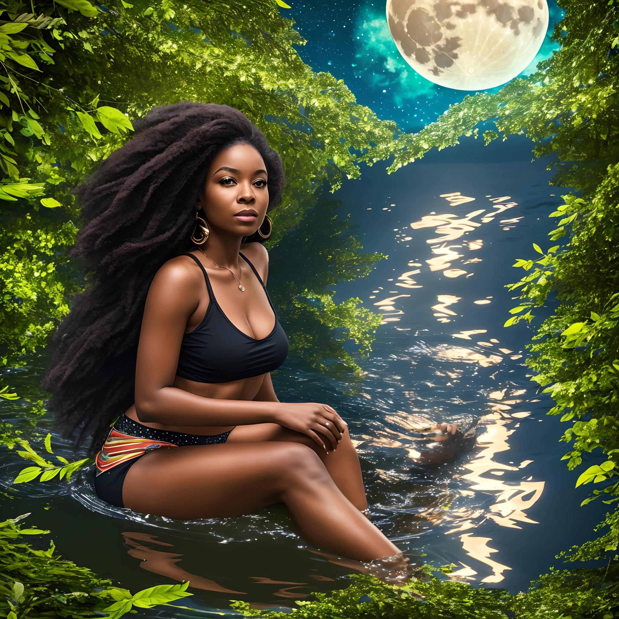 a beautiful black woman sitting on a giant green leaf sailing on a reflective sea, water reflecting the blue moon and stars in the night sky, 8k, ultra HD, cinematic lighting, --auto --s2