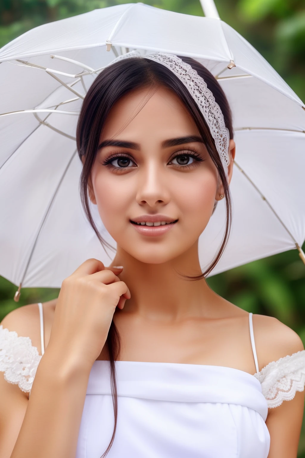 a close up of a woman holding a white umbrella over her head, attractive face, beautiful aesthetic face, beuatiful face, attractive beautiful face, with cute - fine - face, feminine beautiful face, good looking face, extremely beautiful face, lovely delicate face, gorgeous attractive face, with cute doting eyes, beutiful face, beautiful delicate face