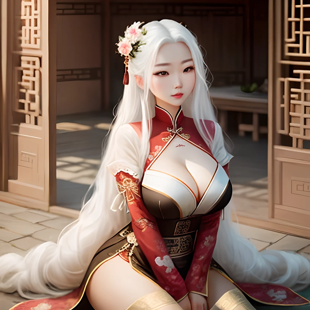 Young woman with long white hair Chinese big breasts all over her body, ancient style, pure and beautiful