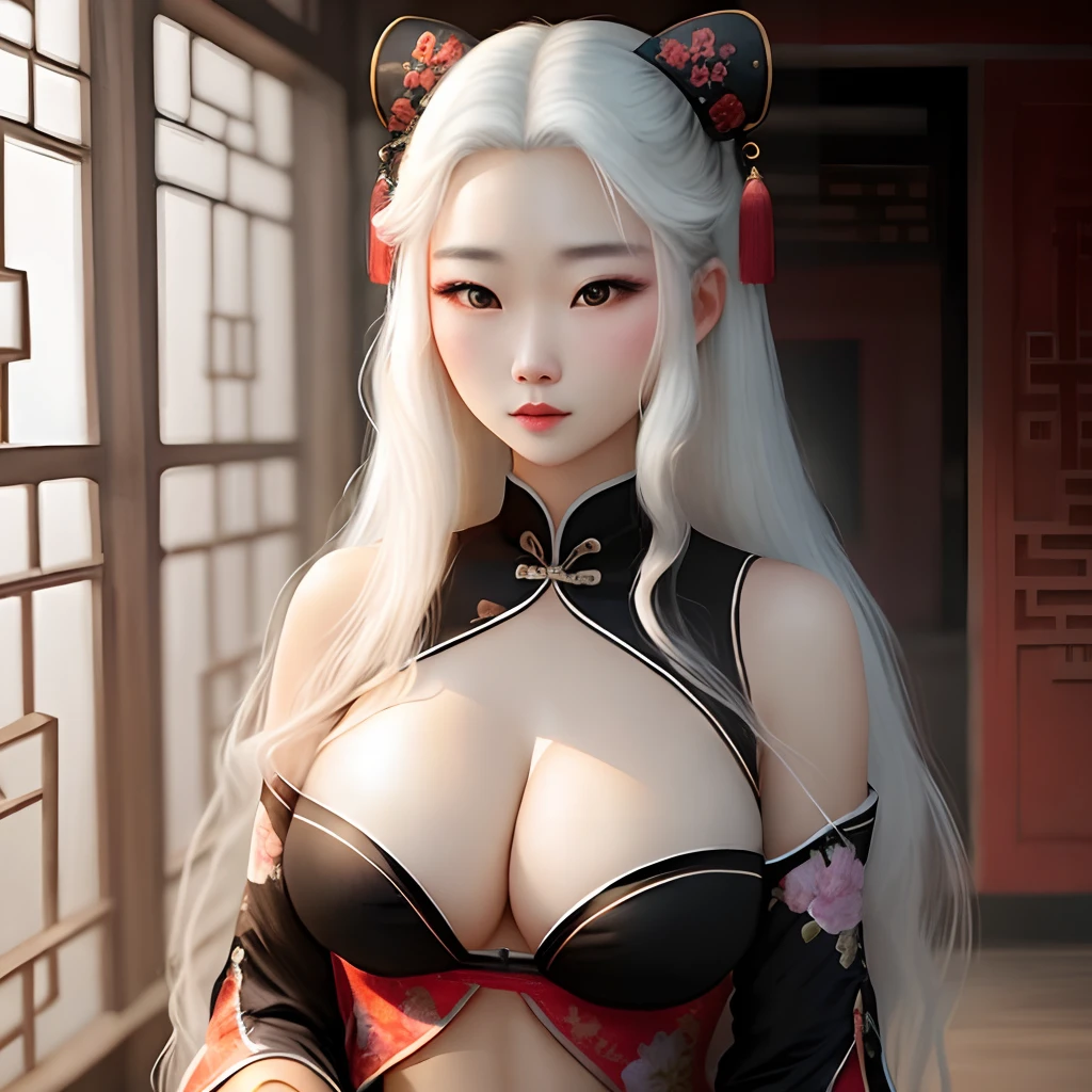 Young woman with long white hair Chinese big breasts all over her body, ancient style, pure and beautiful