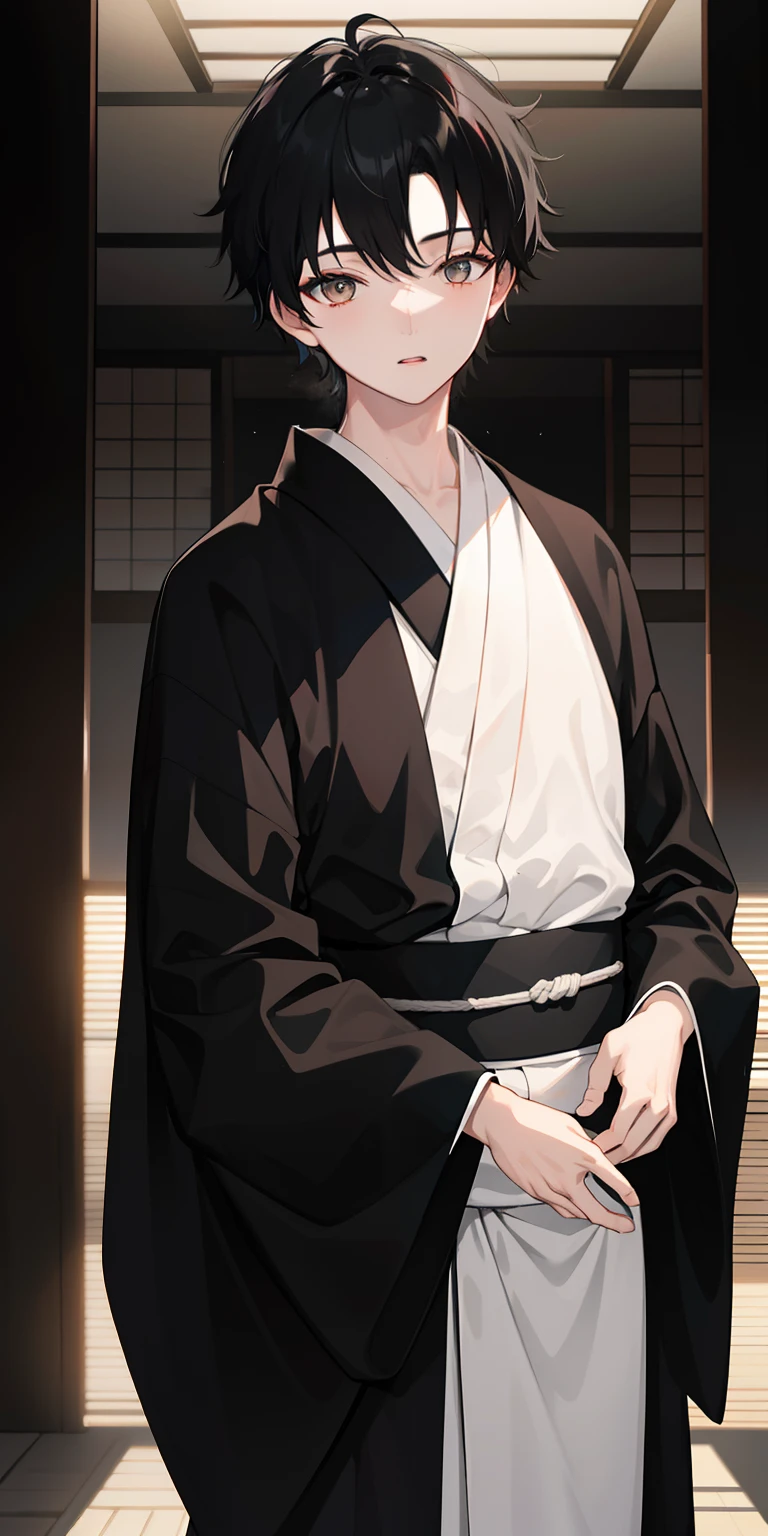 Black haired boy, 20-years old, white eyes, In black kimono, soft lighting