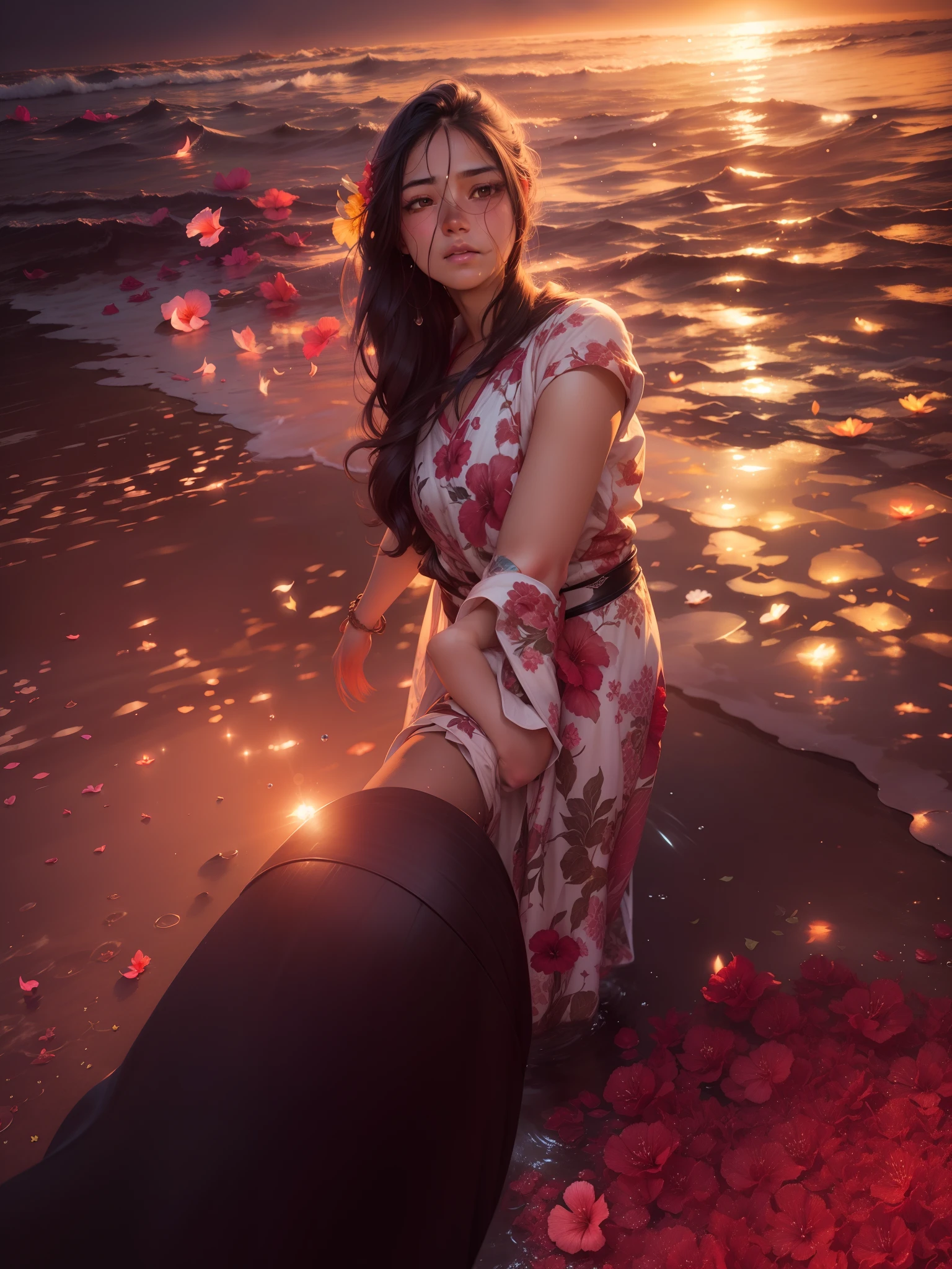 hibiscus Moon with water drops,neonlight, sun set background,sunraise,bokha mood,A girl with long flowing hair,The petals fall in the wind,Nikon photo effect