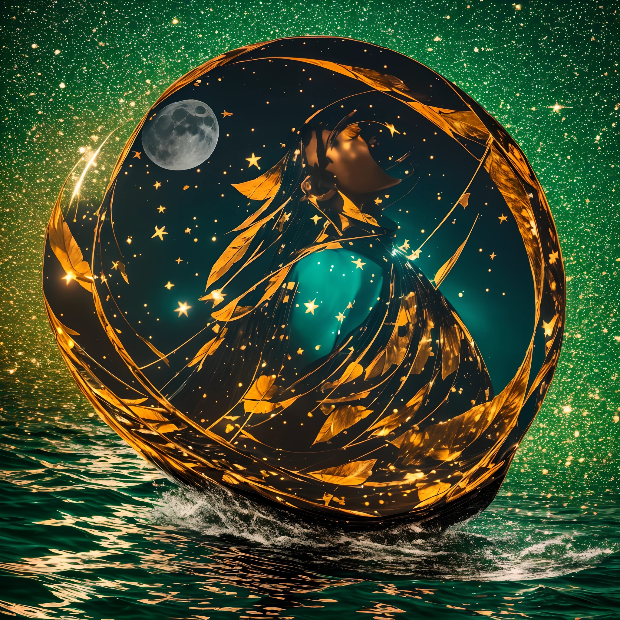 a beautiful black woman sitting on a giant green leaf sailing on a reflective sea, water reflecting the blue moon and stars in the night sky, 8k, ultra HD, cinematic lighting, --auto --s2
