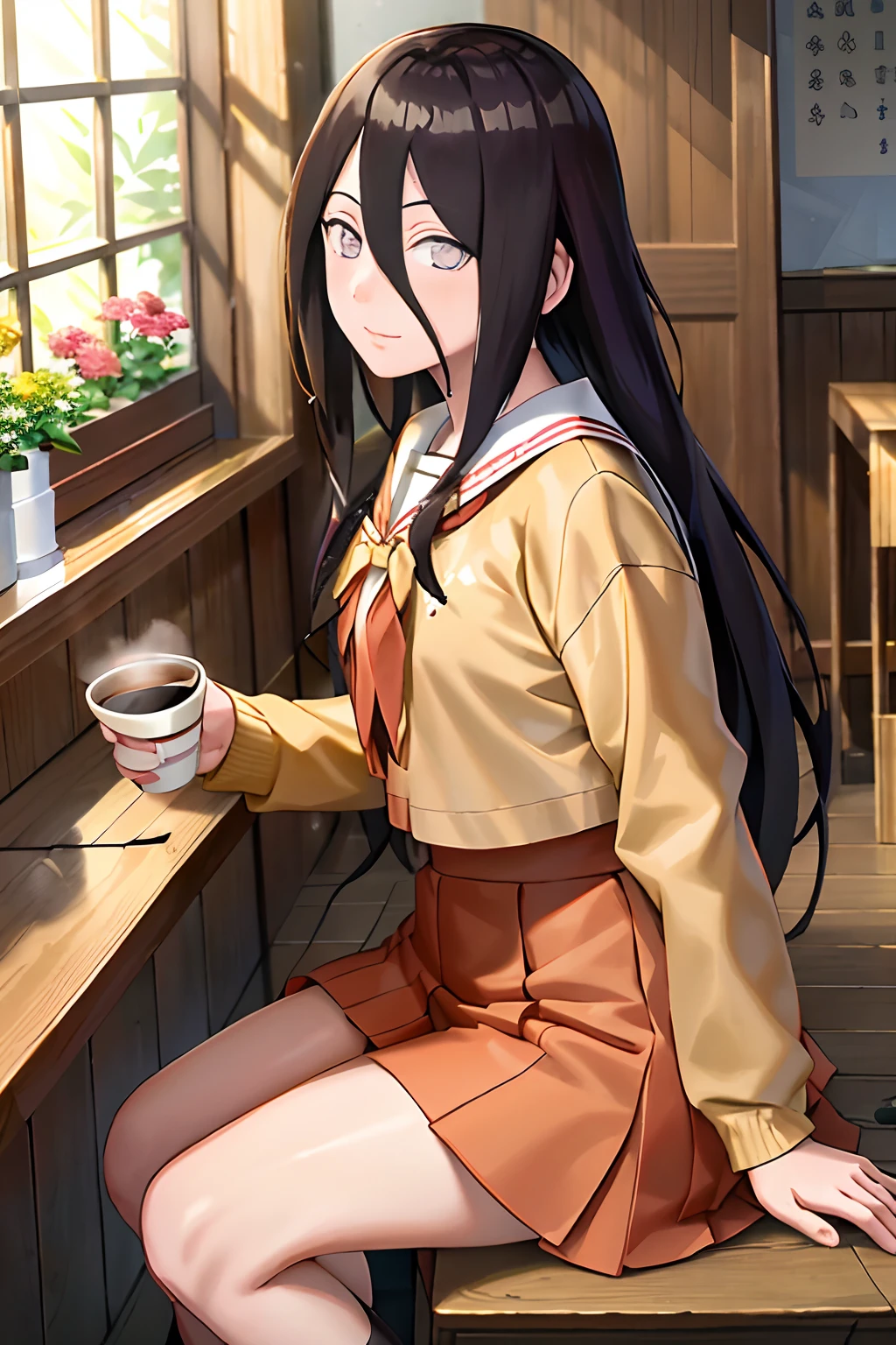 tmasterpiece, hoang lap , (Complicated details), (rich colourful),the Extremely Detailed CG Unity 8K Wallpapers , Hinata flower proportions, 1girll, 独奏, looking at viewert,White top,White school uniform,In the café,drinking a coffee,Soaked top,Rainy days outside the window