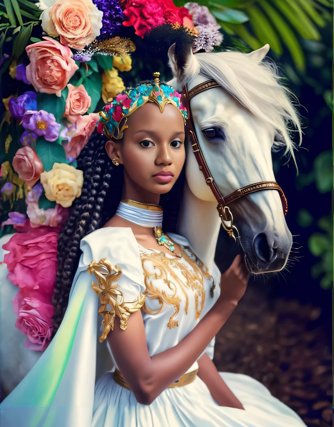 There is a woman in a white dress and a horse, Princesa africana deslumbrante, Princesa negra africana, Princesa Africana, princesa bonita, Retrato Willow Smith, rainha bonita, beautiful animal pearl queen, Retrato de Willow Smith, deusa jovem, africana de pele clara, meninante afro-americana, retrato da princesa, fantasy photoshoot, lovely bohemian princess, Directed by: Lily Delissa Joseph
