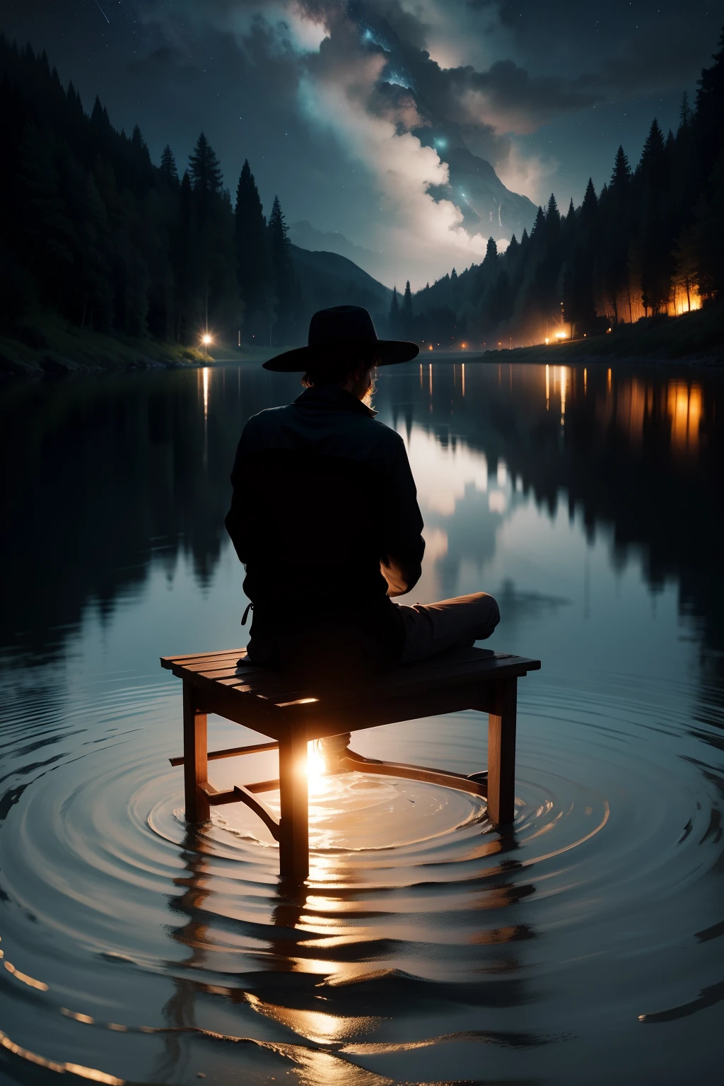silhouette fisherman, sit, river, amazing night sky