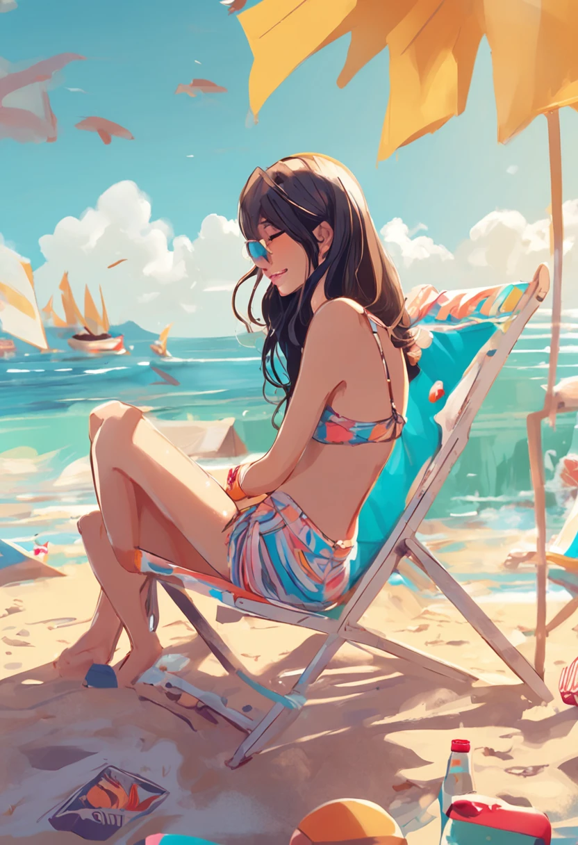 On a sunny summer day,A young teenage girl in a brightly colored bikini bathing on the beach enjoys the sea breeze and sun。She was lying on a beach chair listening to music,Holding an iced drink in his hand。Her skin was golden brown from the sun,With her long black hair and big bright eyes,It makes her look very charming。The waves lapping against the coastline,Make a cheerful sound,People on the beach are also enjoying this wonderful holiday time。The entire illustration is in 4K HD resolution,The picture is clean、realisticlying。The girl's face showed realistic expressions and eyes,The hands also look very real。This work shows the trends of modern art,Full of creativity and artistry。