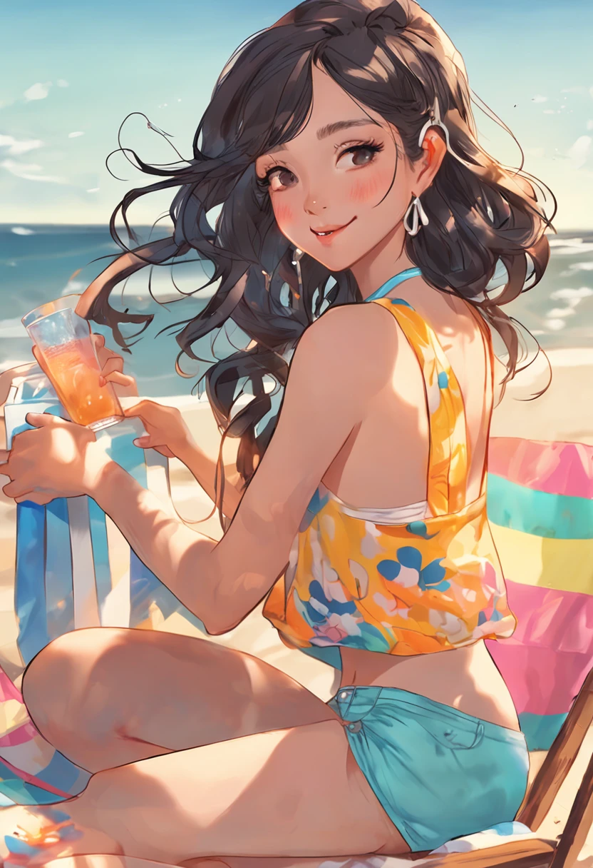 On a sunny summer day,A young age girl in a brightly colored bikini bathing on the beach enjoys the sea breeze and sun。She was lying on a beach chair listening to music,Holding an iced drink in his hand。Her skin was golden brown from the sun,With her long black hair and big bright eyes,It makes her look very charming。The waves lapping against the coastline,Make a cheerful sound,People on the beach are also enjoying this wonderful holiday time。The entire illustration is in 4K HD resolution,The picture is clean、realisticlying。The girl's face showed realistic expressions and eyes,The hands also look very real。This work shows the trends of modern art,Full of creativity and artistry。