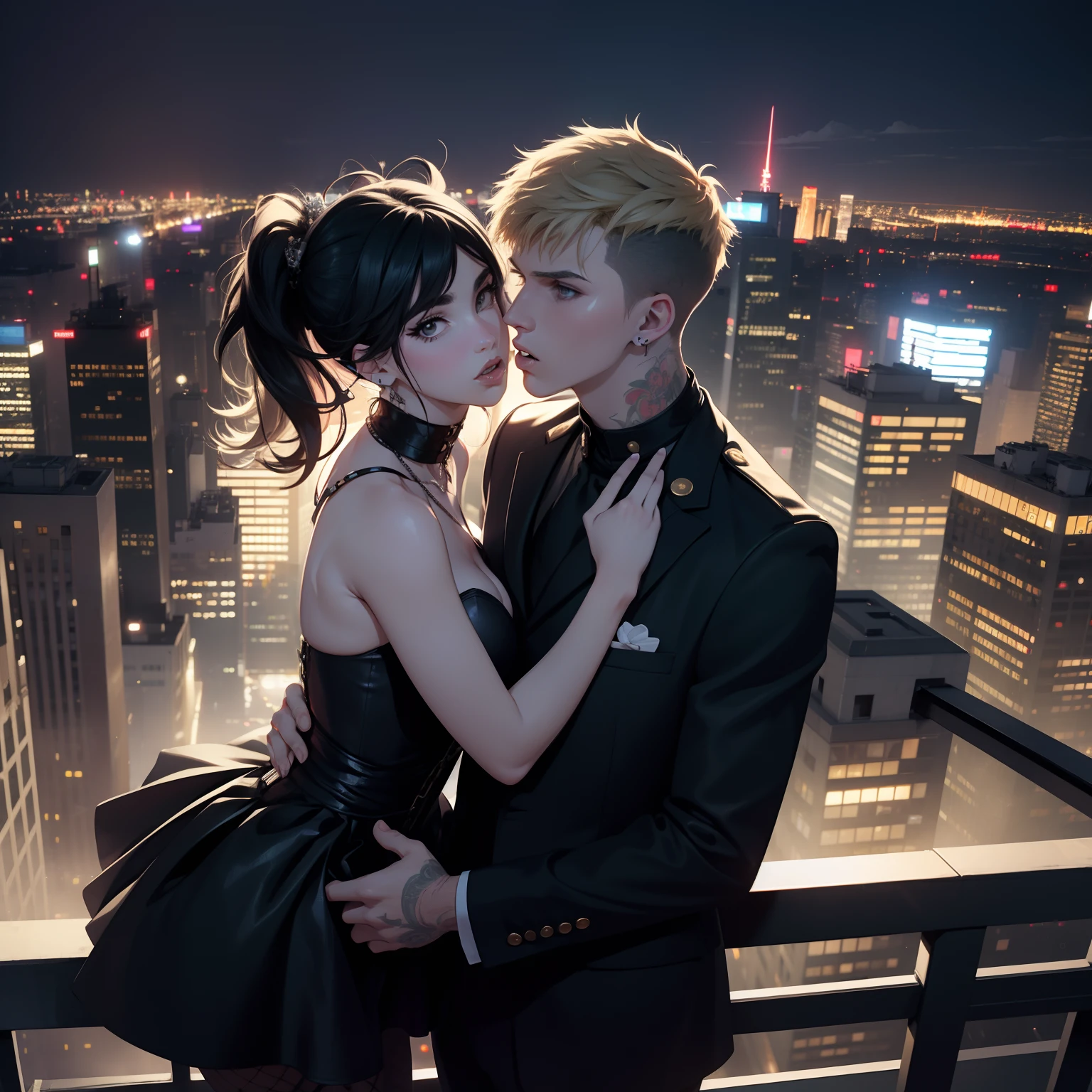 Foto casal, Dua Lipa, Machine Gun kelly, se beijando apaixonadamente. on top of a building, Nova York, tempo chuvoso, Photo taken by Canon camera, night ligthning, inspirado bonnie e clyde, photoshoot quente casal, Rosto ultra-detalhado, rosto ultrarealista.