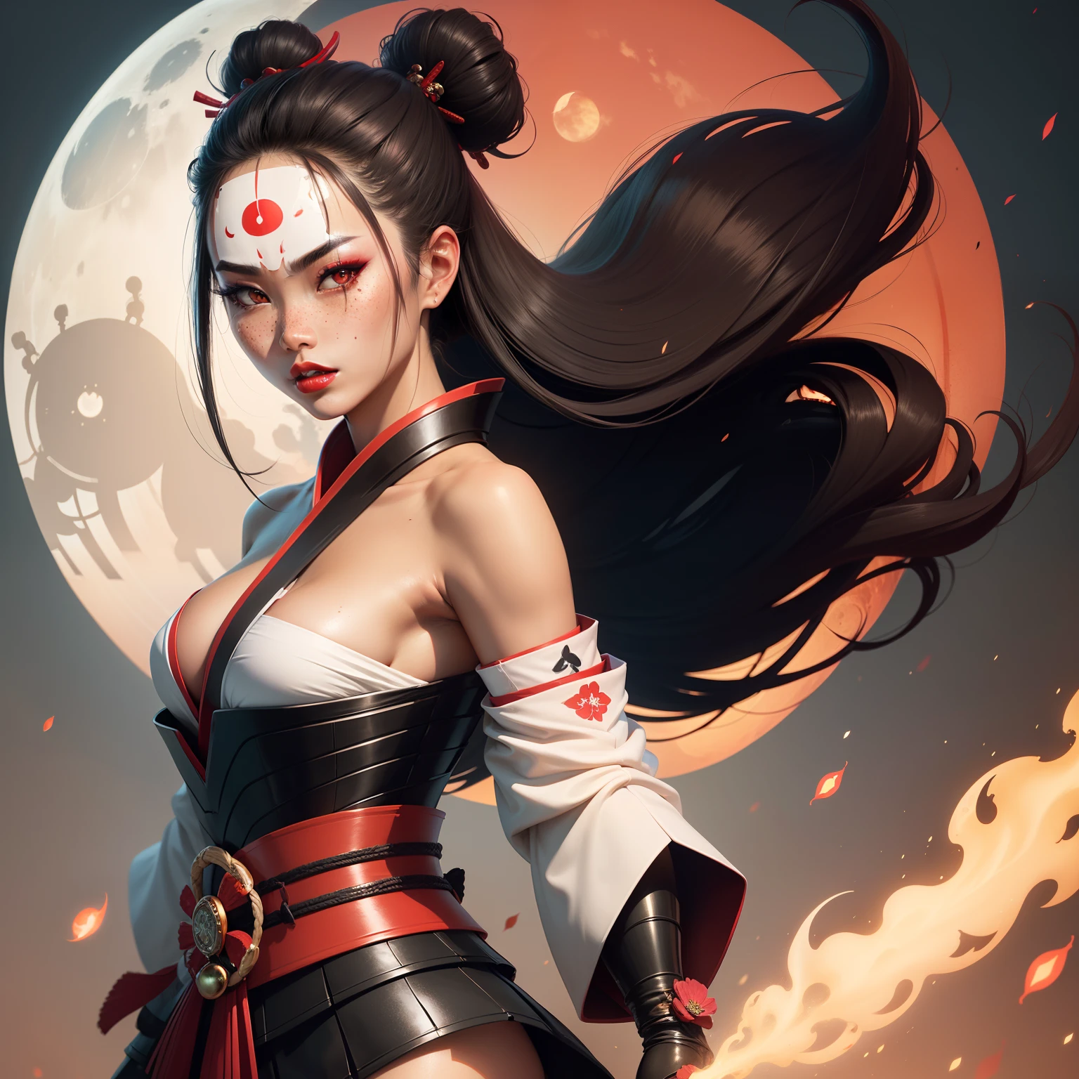Female samurai warrior, jet black hair, dark skinned tanned, red black, bright moon, freckles on the face, red lipstick, full body, no extra hair, diamond shaped face, cover top, black eyeballs, geisha warrior, brown skinned, clear forehead