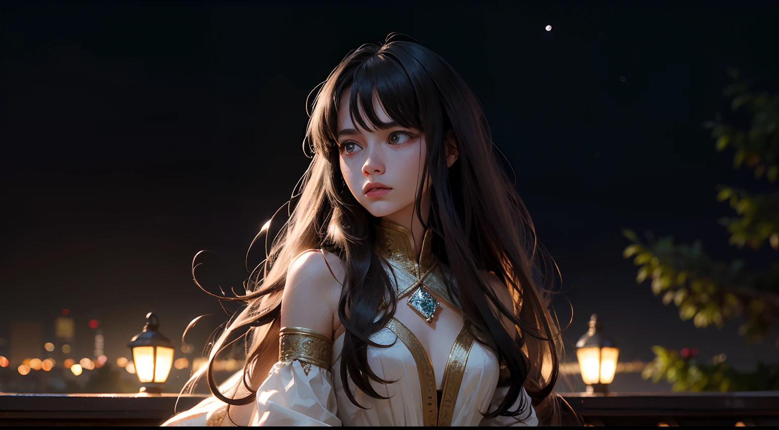 Best quality at best,tmasterpiece,The is very detailed,detailed back ground,1girll,Long hair spread out,Autumn wind,Hair is floating in the wind,Chinese ancient style,exteriors,the night,starrysky,glasshouse,megastructures,the forbidden city,The landscape,scenecy,horizon,the roof, sitting on rooftop, ventania, 9. Hair flutters in the wind:1.5),view from long distance, Atmospheric lighting, Focus individually, closeup cleavage, seen from the side, depth of fields, Background bokeh,Best quality at best,tmasterpiece,The is very detailed,detailed back ground,tmasterpiece,16k,UHD resolution,Detailed depiction,photorealestic,realisticlying,Very realistic,anatomy correct, Delicate pattern,Pink rose space, Soft lighting, ( Bokeh),Masterpiece, Super detailed, Epic composition, Highest quality, 8K,Epic romantic fantasy digital art,Epic fairy tale fantasy digital art,Mythological fantasy,UHD resolution,Detailed detail drawing,realisticlying,Very realistic,cinmatic lighting,an award winning photograph,rich colours,hyper realistic lifelike texture,dramatic lighting