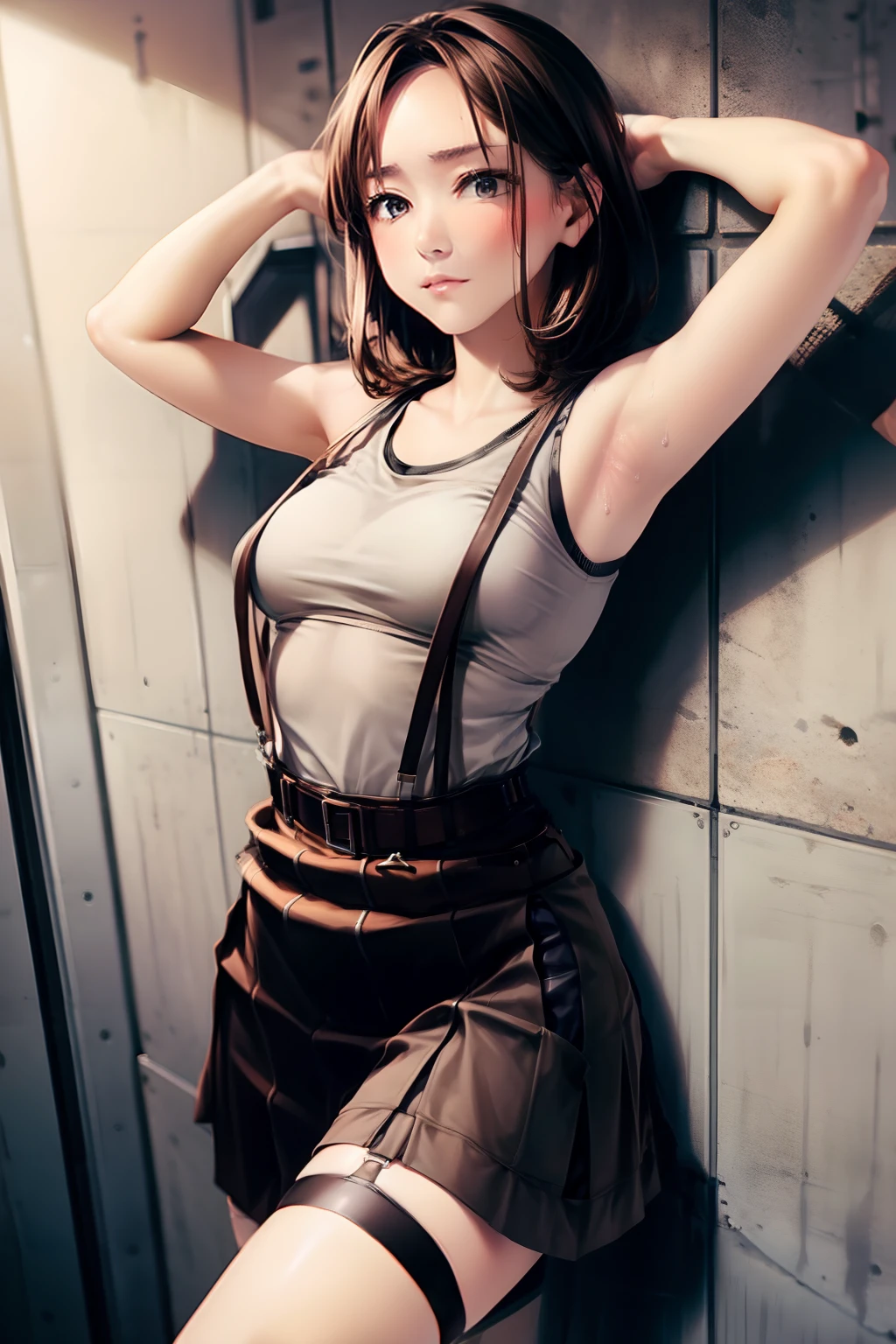skirt by the, Tank tops　suspenders, Brown hair short, Gray eyes, Garter belt on the legs, Big breasts and tight clothes, 　　 a belt　Armpit sweat　　deadpan
