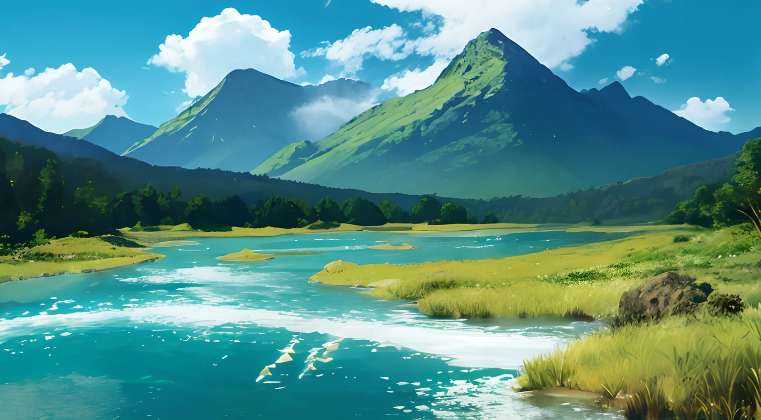 Green mountains,Very tall and mountainous,The ground is crystal clear river water,Fish swimming in the clouds in the sky