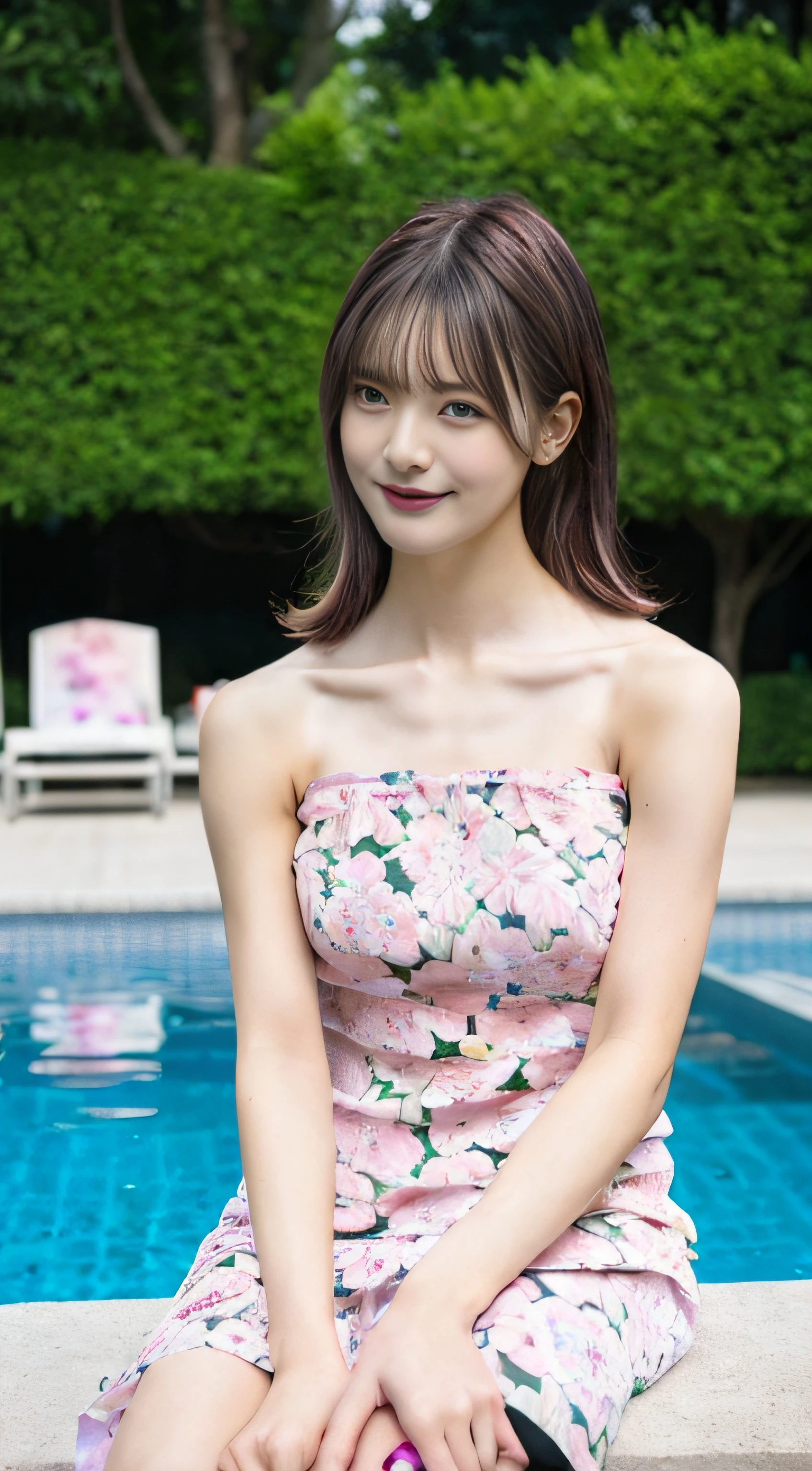 (8K、Raw photography、top-quality、masterpiece:1.2)、32K、ultra res、fully body photo、(Composition from the knee up:2.0)、medium distance shot:1.8、200mm telephoto lens:1.8、body facing forward:2.0、Full body portrait、rialistic photo、((Strapless Pink Floral Camisole Long Dress:1.8))、(realisitic、Photorealsitic:1.37)、超A high resolution、depth of fields、Soft lighting、Caustics、masterpiece、ultra-detailliert、pylons、(8K、Raw photography、top-quality、masterpiece:1.2)、32K、ultra res、rialistic photo、(realisitic、Photorealsitic:1.3)、超A high resolution、depth of fields、Caustics、Canon EOS、masterpiece、ultra-detailliert、fully body photo、1girl in、独奏、in poolside、Slender Abs、flat breast、small tits、Bust 70 cm、Hip 82 cm、Slender body、big breasts thin waist、The crotch is clear、tiny chest、small hip、Model grade ratio、Vibrant poses、Super cute full body photo、1girl in、Long hair swaying in the wind:1.4、is standing、in poolside、Slender Abs、Waist 52 cm、flat breast、small tits、Bust 70 cm、Hip 82 cm、Slender body、big breasts thin waist、tiny chest、small hip、Model grade ratio、Vibrant poses、Super Cute