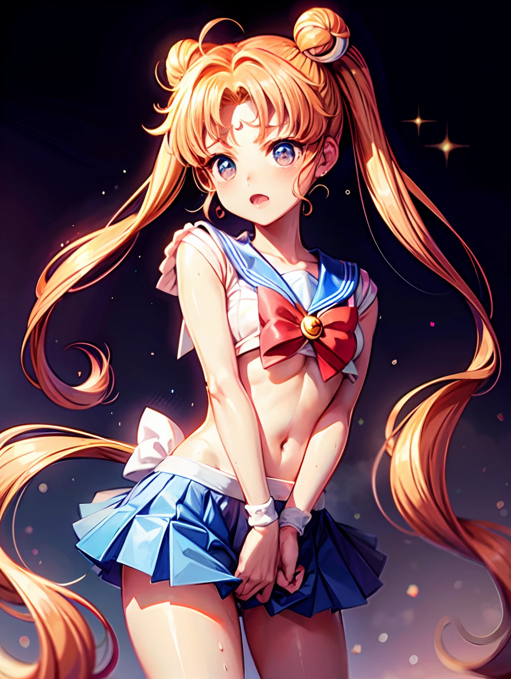 Sailor Chibi Moon、Sailor Chibi Moon Costume、embarrassed from、Turn around、full of sweat、Wearing sweat、full of sweat、cum in crotch、Eyes from below、small tits、Small body、