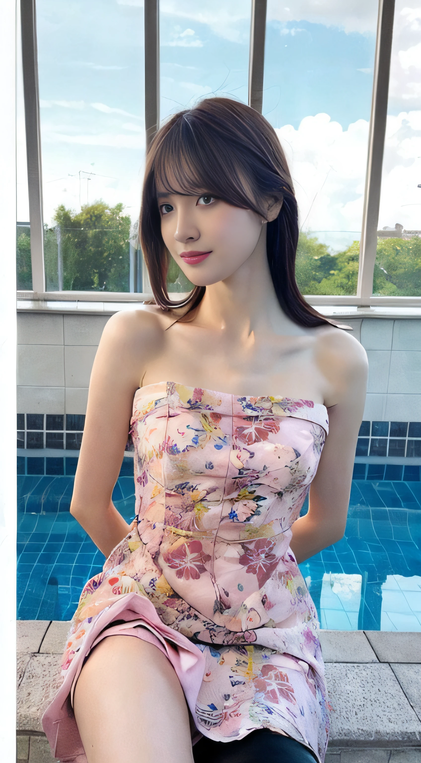 (8K、Raw photography、top-quality、masterpiece:1.2)、32K、ultra res、fully body photo、(Composition from the knee up:2.2)、medium distance shot:1.7、200mm telephoto lens:1.8、body facing forward:2.0、Full body portrait、rialistic photo、((Strapless Pink Floral Camisole Long Dress:1.8))、Perfect camisole dresses for the body、(realisitic、Photorealsitic:1.37)、超A high resolution、depth of fields、Soft lighting、Caustics、Canon EOS、masterpiece、ultra-detailliert、pylons、(8K、Raw photography、top-quality、masterpiece:1.2)、32K、ultra res、rialistic photo、(realisitic、Photorealsitic:1.37)、超A high resolution、depth of fields、Caustics、Canon EOS、masterpiece、ultra-detailliert、fully body photo、1girl in、独奏、in poolside、Slender Abs、flat breast、small tits、Bust 70 cm、Hip 82 cm、Slender body、big breasts thin waist、The crotch is clear、tiny chest、small hip、Model grade ratio、Vibrant poses、Super cute full body photo、1girl in、Long hair swaying in the wind:1.4、is standing、in poolside、Slender Abs、Waist 52 cm、flat breast、small tits、Bust 70 cm、Hip 82 cm、Slender body、big breasts thin waist、tiny chest、small hip、Model grade ratio、Vibrant poses、Super Cute