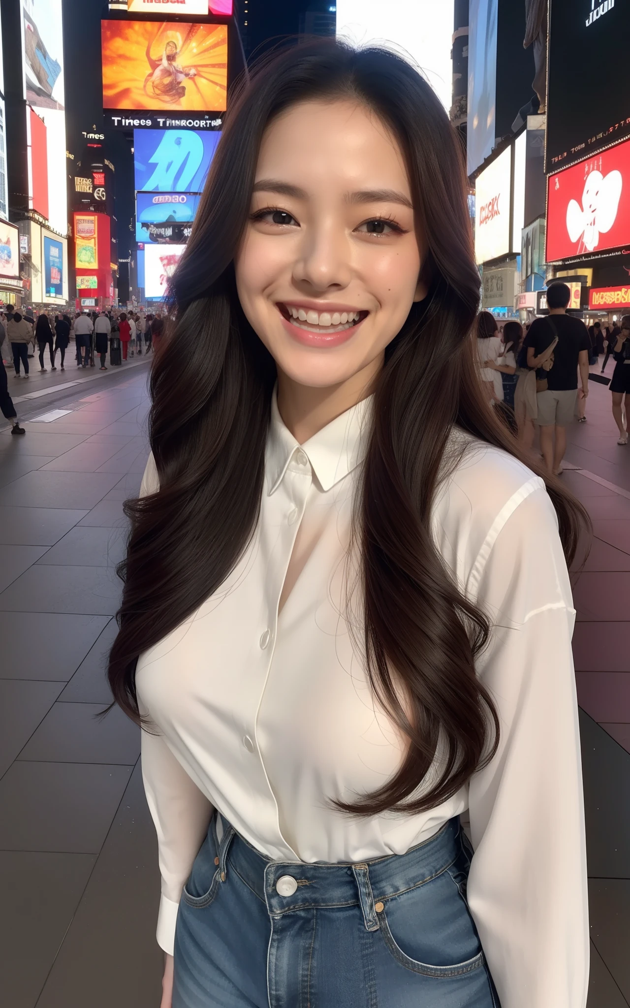 ((top-quality、8K、masterpiece:1.3、超A high resolution))、(Clear focus:1.4)、girl with、1 persons、18year old、cute little、light skinned、Full body、Looking back、frombelow、(looking in camera:1.1)、detailed hairs、dark brown hair、Natural Wave、(Detailed fabrics、Denim jackets and t-shirts:1.2)、bead bracelet、Super fine face、Detailed skin、A detailed eye、Narrow-eyed、Moist eyes、Clear eyes、二重まぶた、Reddish cheeks、Burning cheeks、Wearing makeup、Sweating、Lustrous skin、glowy skin、Shine skin、Shaded skin、Detailed lips、Apply lipstick、ruddy lips、Wrinkled lips、(Laughing:1.3)、(Large breasts:1.2)、BREAK、(细致背景、Times Square:1.4)、Daytime、Natural lighting、wakame、wakame、wakame、wakame、wakame、wakame、wakame、wakame、wakame、wakame、wakame、wakame、wakame、wakame、wakame、wakame、wakame、wakame、wakame、wakame、wakame、wakame、wakame、wakame、wakame