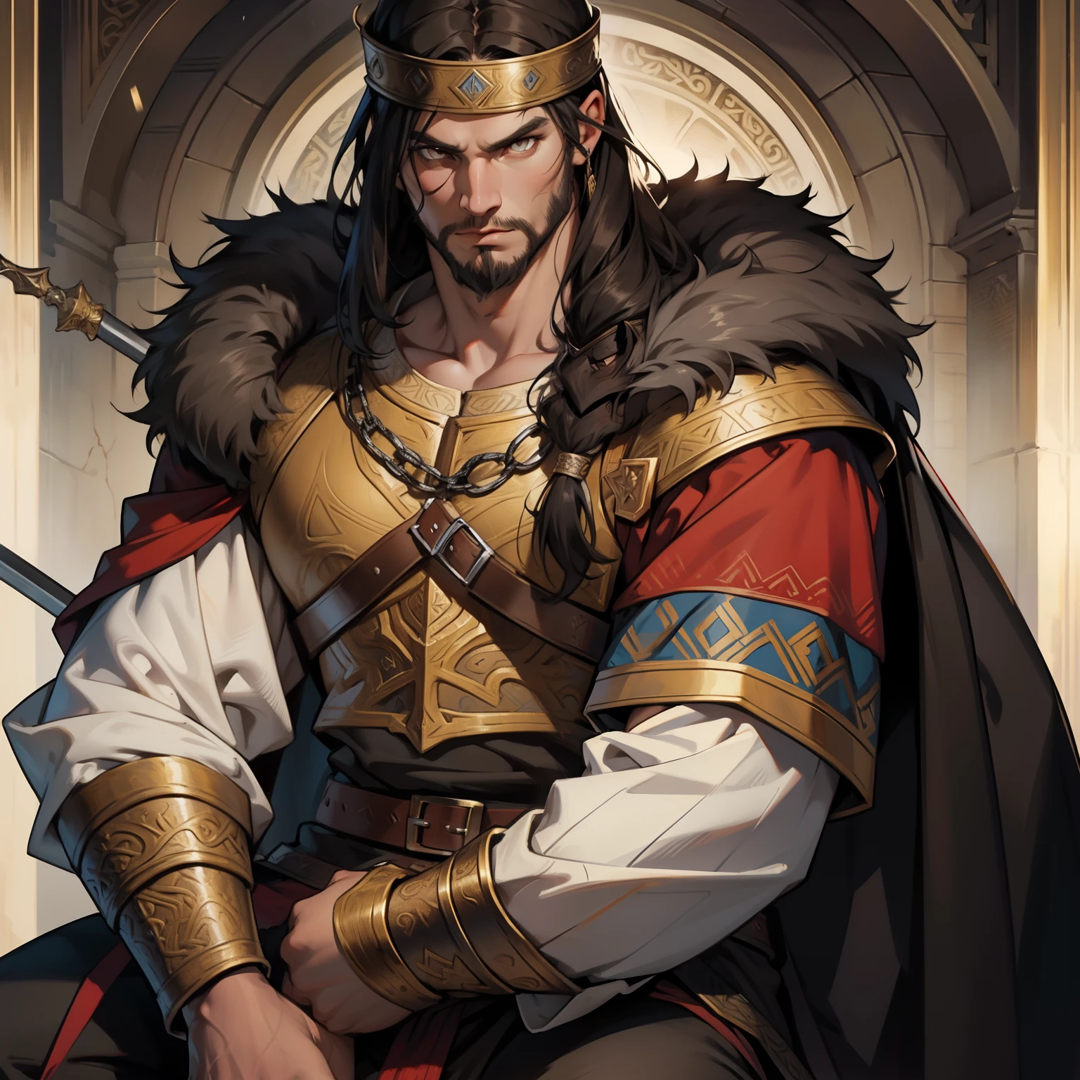 Viking Man. Berserker Man. Medieval art. Brown Eyes. Long Black Hair. King. Sitting on Throne