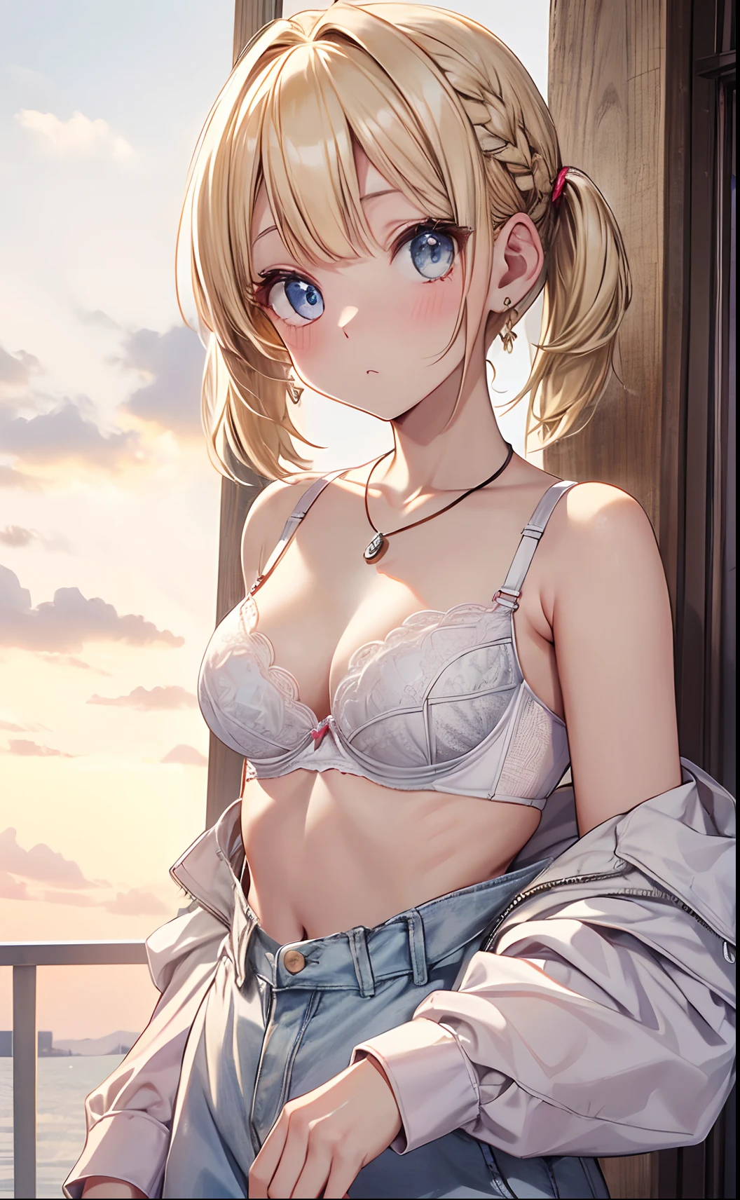absurderes, ultra-detailliert,bright colour, extremely beautiful detailed anime face and eyes, view straight on, ;D, shiny_skin,25 years old, Short hair, , asymmetrical bangs, (Blonde hair with short twin tails:1.4),(Wearing a change of clothes:1.7),(bra very:1.4),Shiny hair, Delicate beautiful face,(Surprised:1.7) ,red blush、Blue eyes, White skin, hair clips, earrings, a necklace,(Brown sleeveless:1.2), Beautiful cloud, Dusk sky,