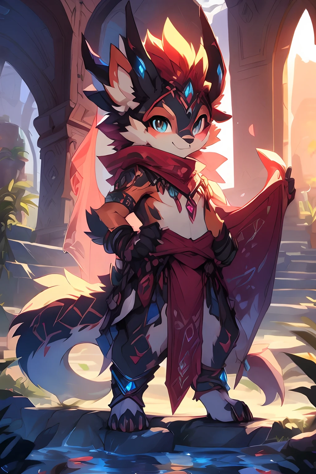 （catss）， standing on your feet， 独奏， musculature， Detailed scale textures， Ancient castle， （battlefiled）， （tribe outfit， （（long loincloth with）））， （((Mechanical nanoskin))）， （Yellow body，White belly）， （The art of Chuni， （Drakgam）， （rakisha））， （Kantana Garson））， （up front view）， Looks pleased，  Detailed pupils， Masterpiece artwork， Caustics， edge lit， Singlelightsource， Sharp shadows， solo portrait， （digitigrade）， （komono）， Inessa Garmash， greg rutkovsky， Pino Diane， ruanjia， （light particules）， rose petals，anthro,Furry,feral,(Digital media \(artwork of a\):1.2),(hi，It's nothing,absurd res:1.2),Perfect anatomy,Anatomically correct,Detailed,Detailed face,Detailed eyes,(Realistic fur,Detailed fur:1.25),Detailed background,amazing background.