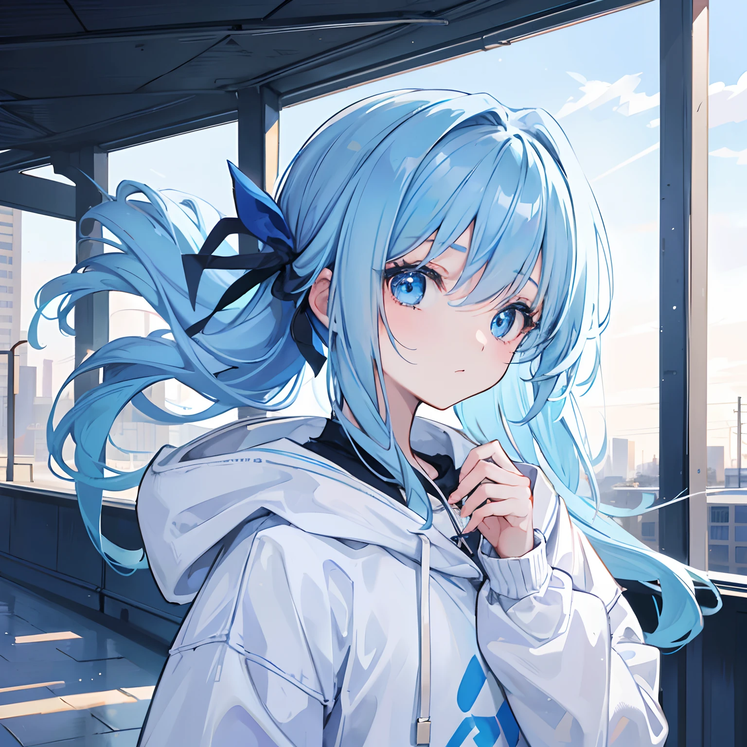 1girl, with light blue hair and blue eyes, wearing a hair ribbon and a blue and white hoodie. The scene is set in winter, with the girl looking directly at the viewer. This image can be used as a profile picture.City background