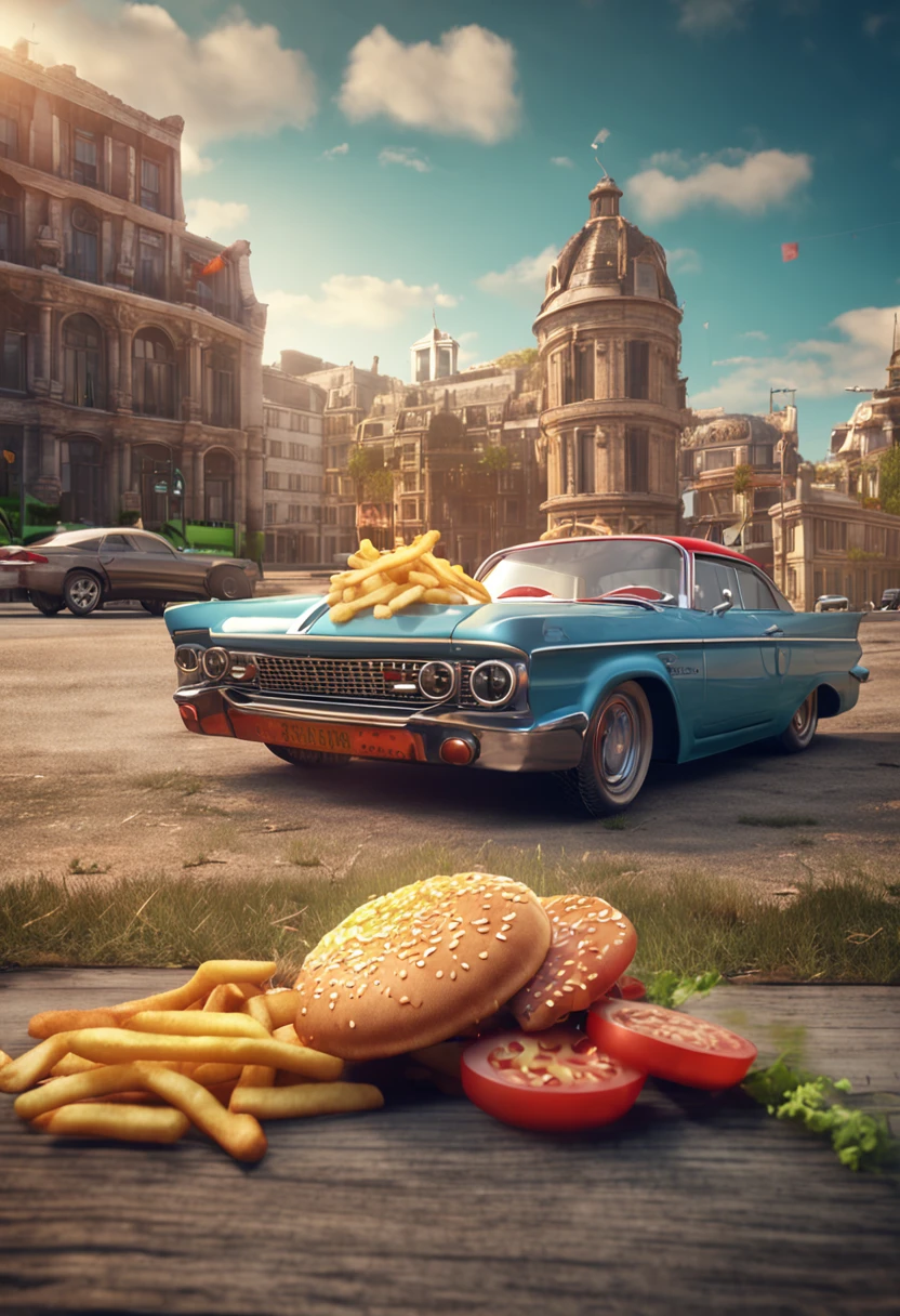 hamburger, french fries, A glass of soda, super detaill, hyper realisitc, hight resolution