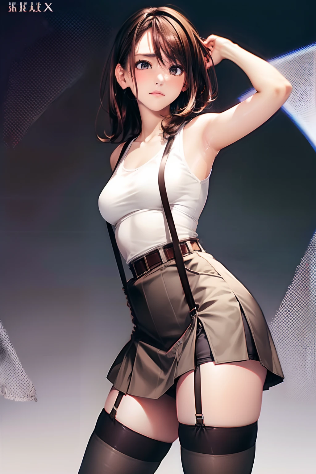 skirt by the, Tank Tops suspenders, Brown hair short, Gray eyes, Garter belt on the legs, Big and tight clothes, a belt Armpit sweat deadpan