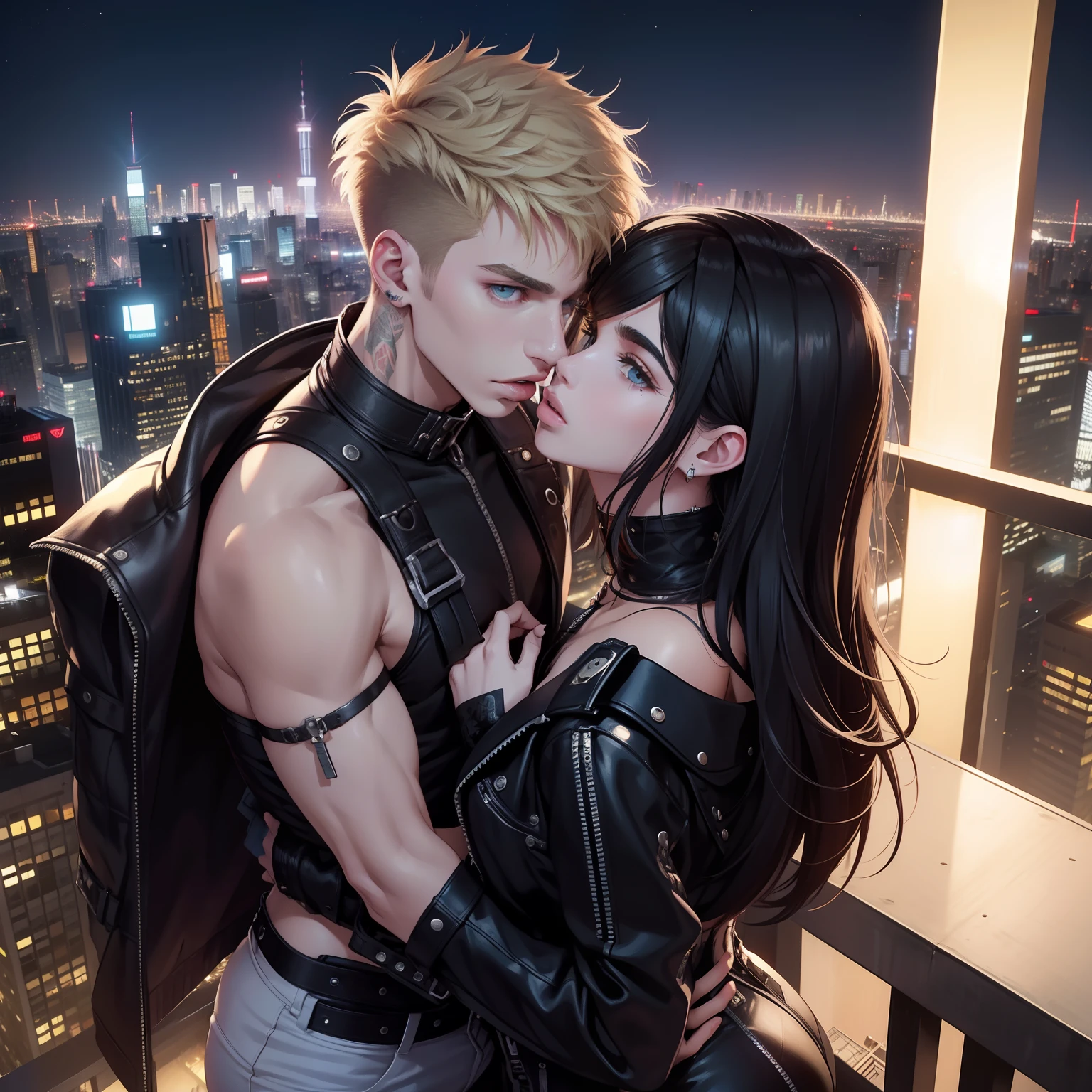 Foto casal, Dua Lipa, Machine Gun kelly, se beijando apaixonadamente. on top of a building, Nova York, tempo chuvoso, noite, night ligthning, photoshoot VERSACE casal, Rosto ultra-detalhado, rosto ultrarealista.